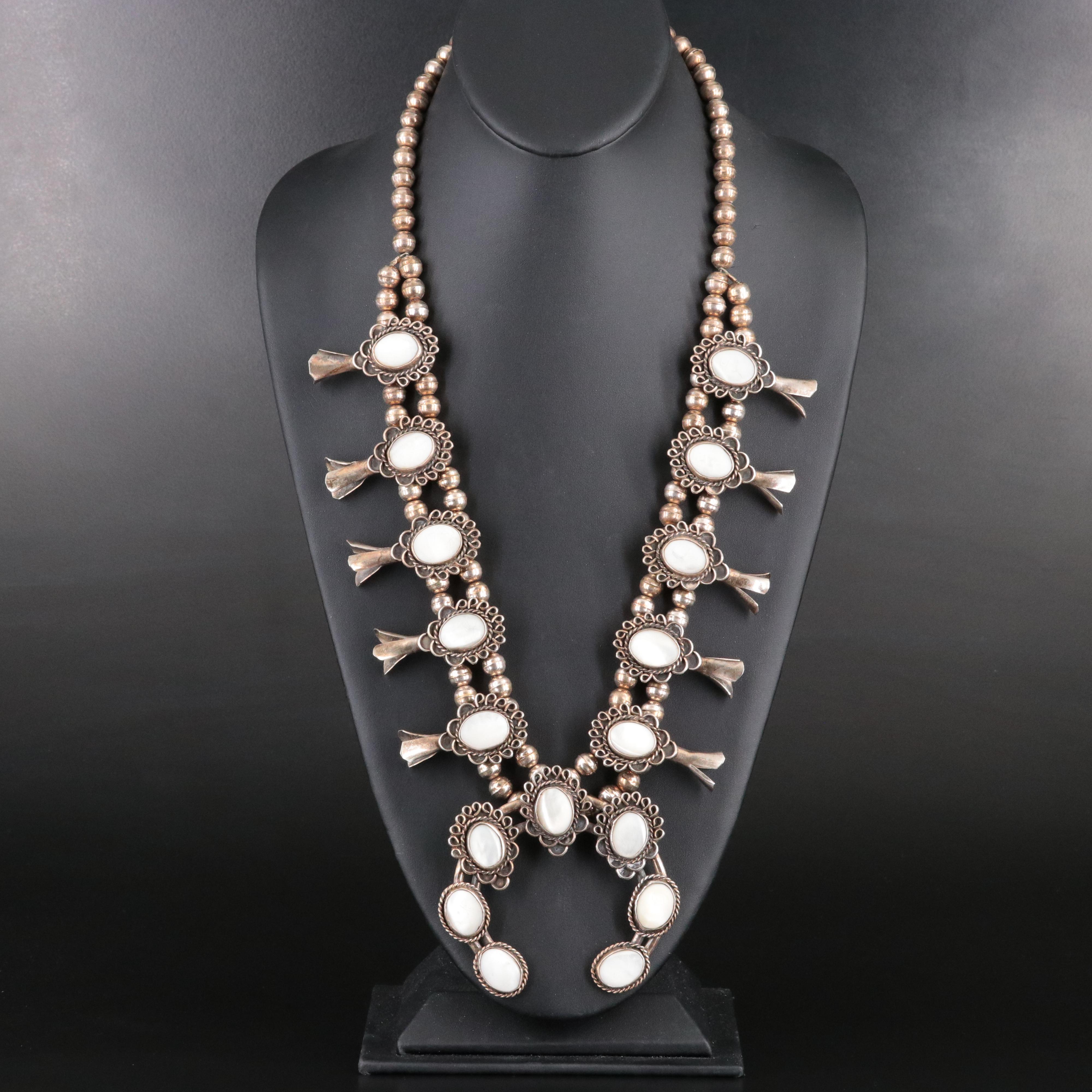 Southwestern Sterling Mother-of-Pearl Squash Blossom Necklace