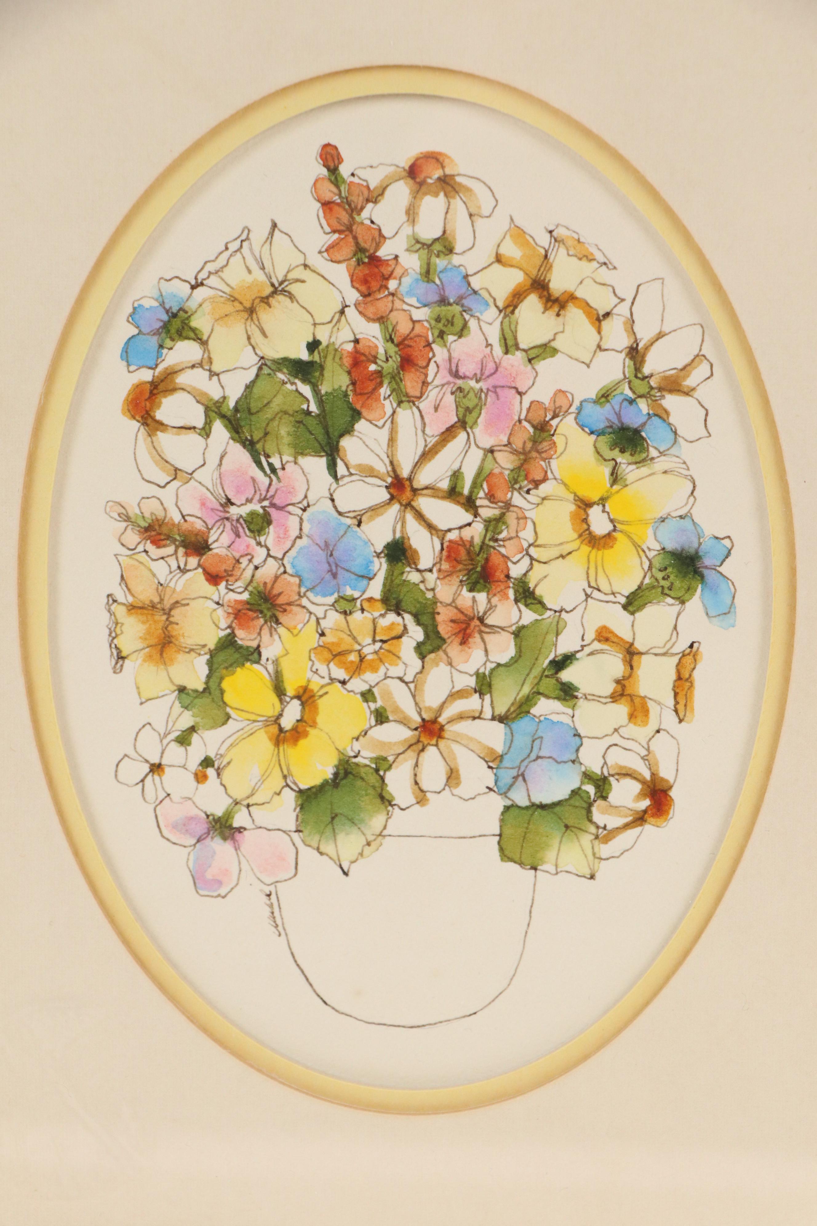 Margie Michel Watercolor Painting of Flower Pot, Mid-20th Century