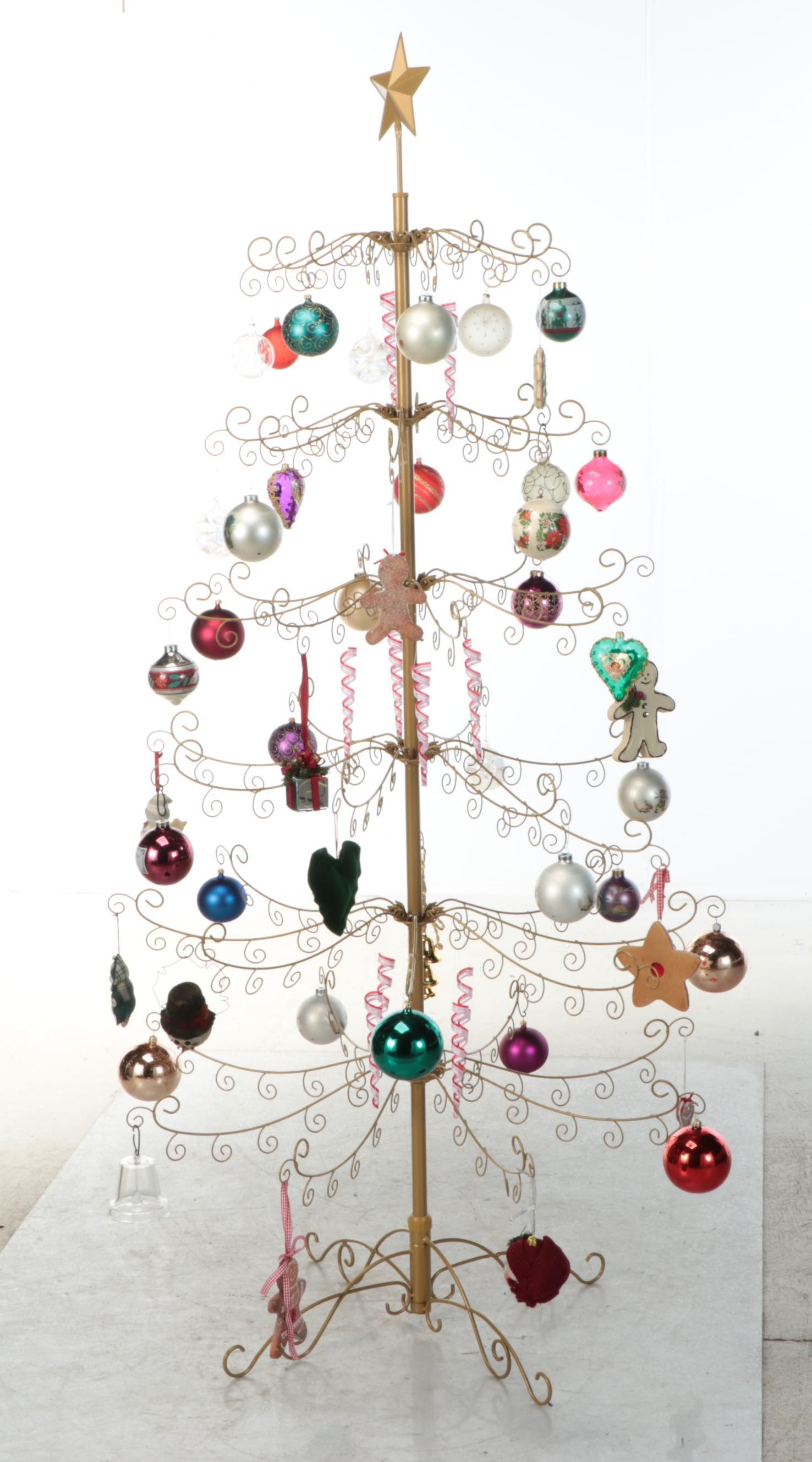 74" Gold Finish Metal Christmas Tree with Glass Bulbs and Other Ornaments