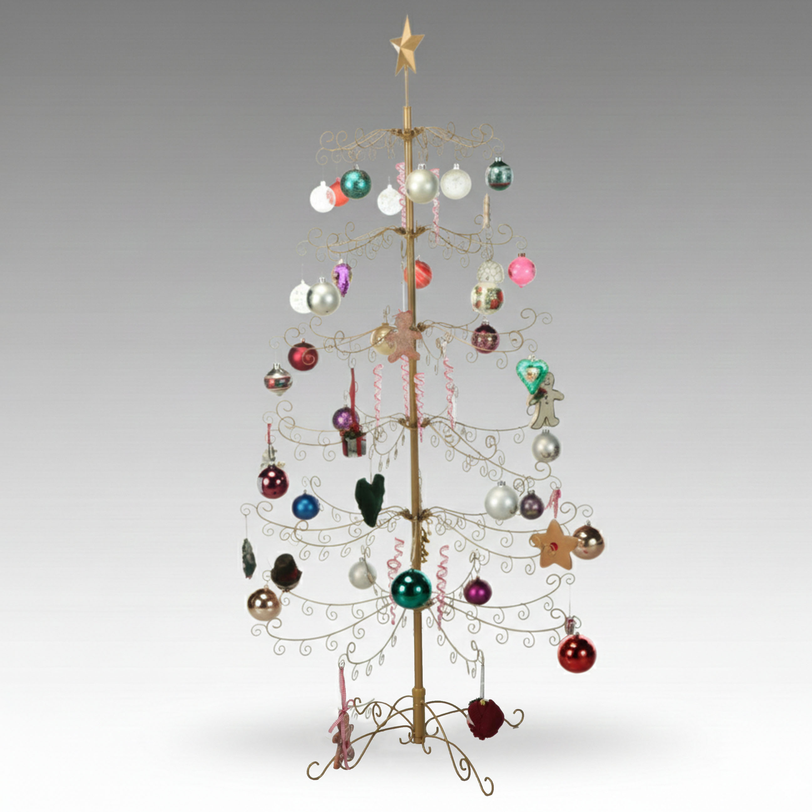 74" Gold Finish Metal Christmas Tree with Glass Bulbs and Other Ornaments