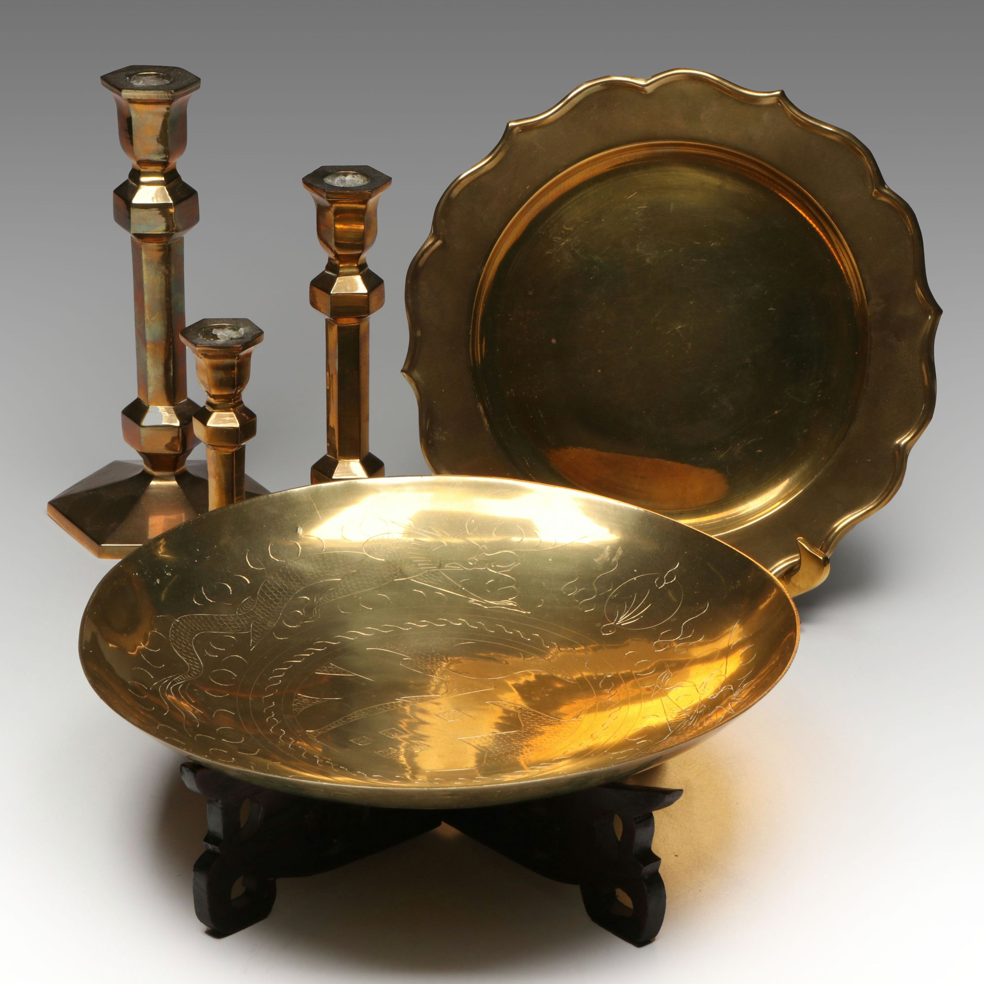 Indian Brass Candle Holders with Brass Finish Etched Bowl and Plate