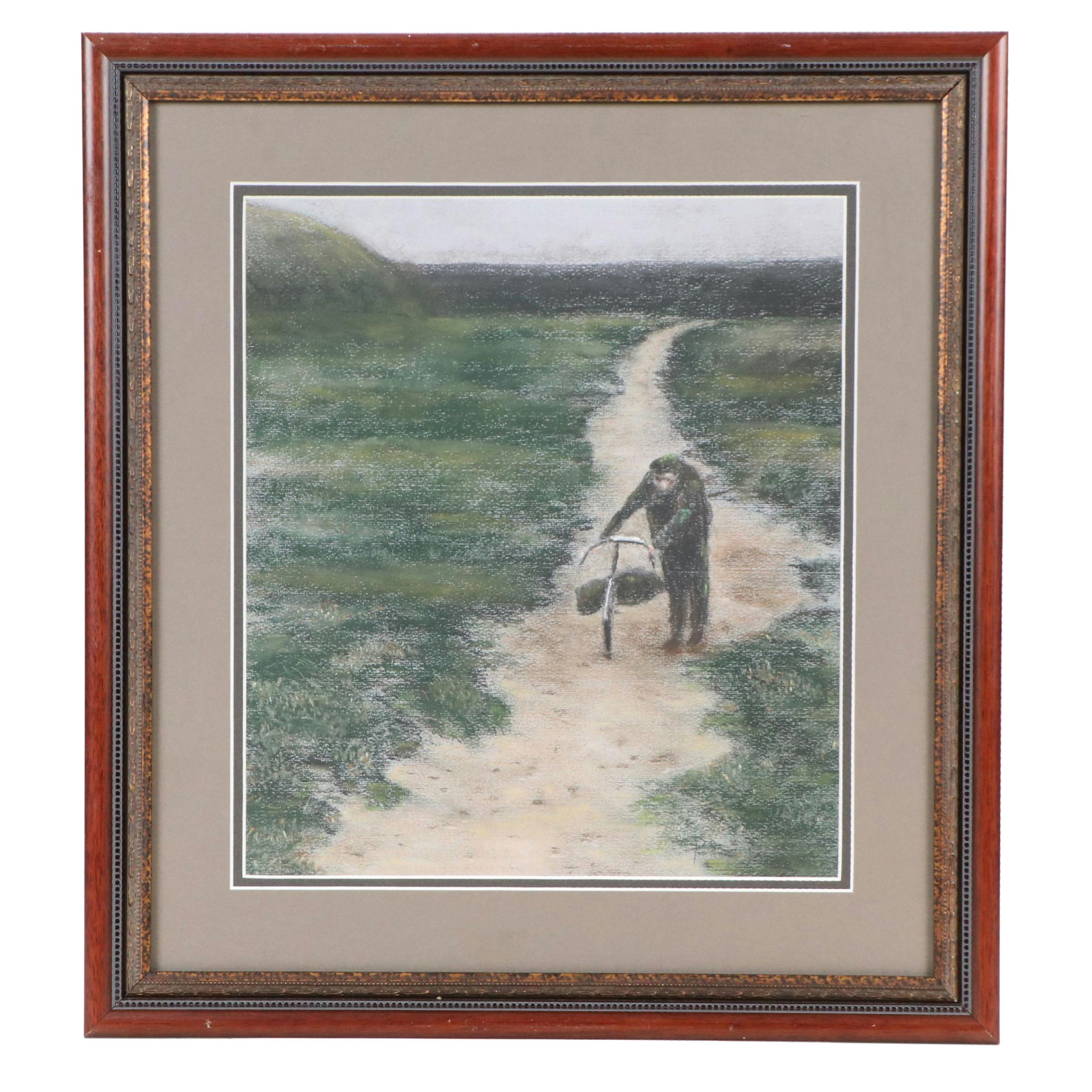 Pastel Drawing of Grassy Bike Trail, Early to Mid-20th Century