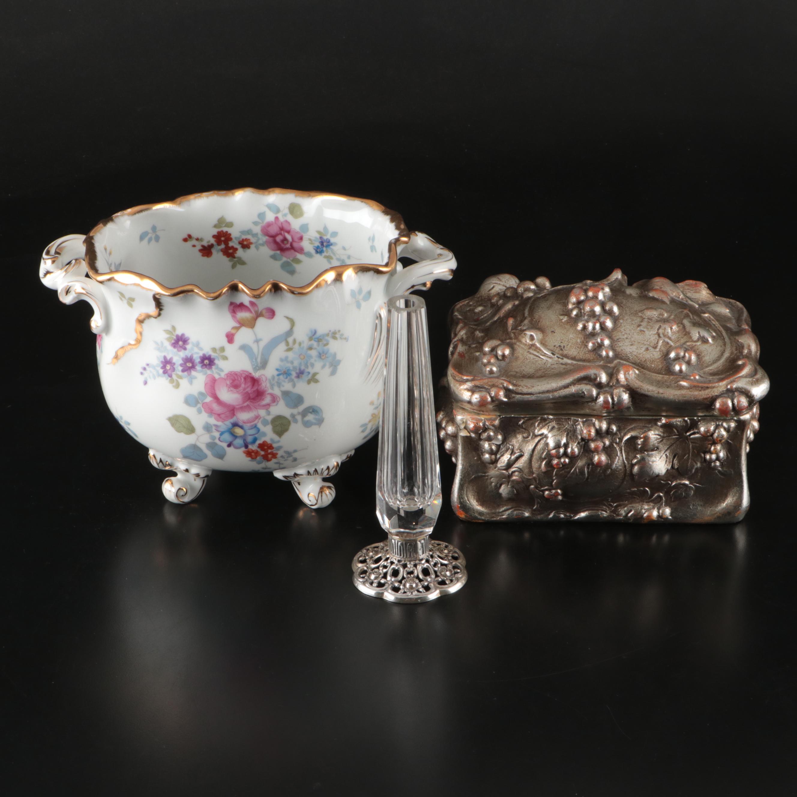 Vintage 835 Silver and Crystal Bud Vase, Porcelain Footed Bowl and Chalkware Box