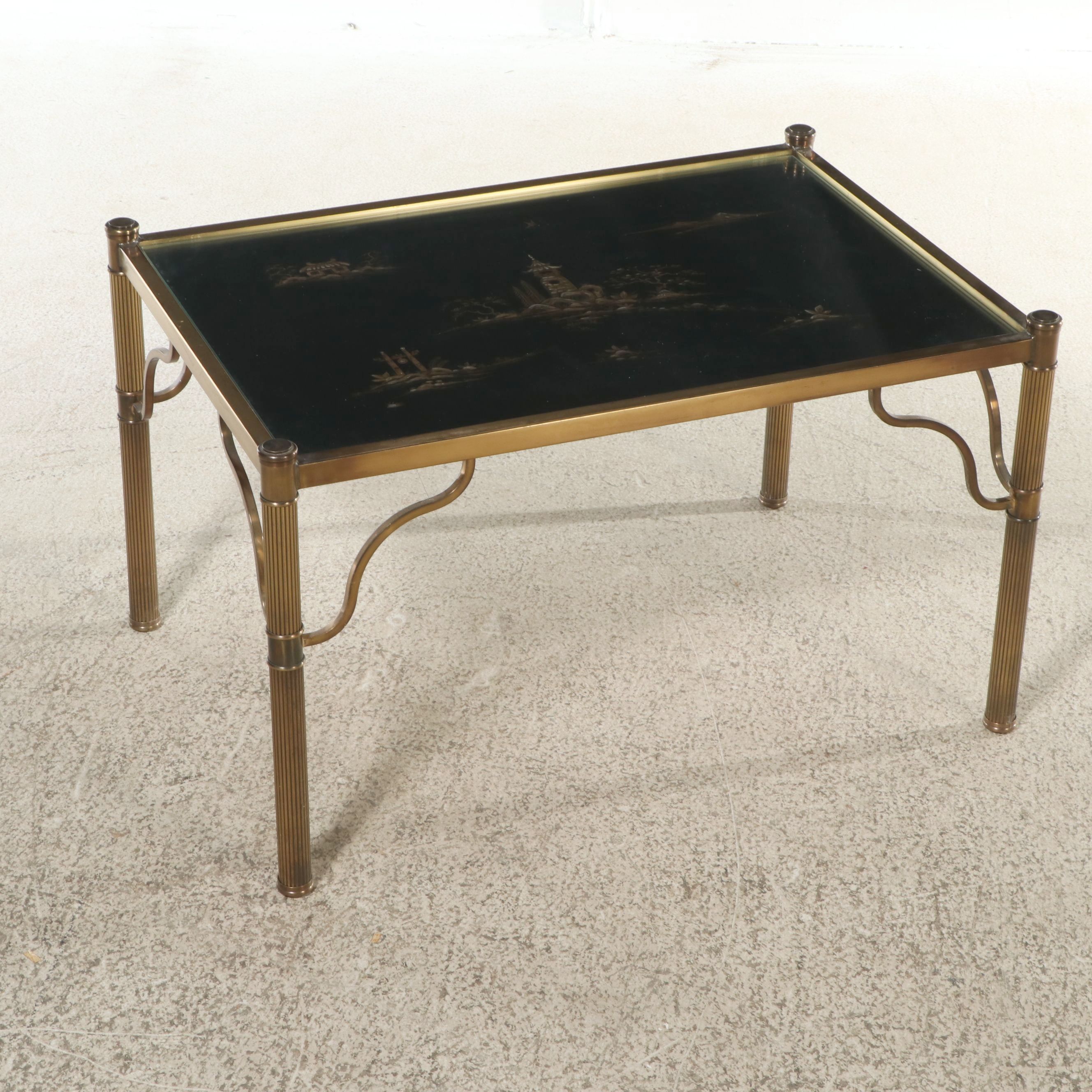 Chinese Style Brass End Table with Glass Top