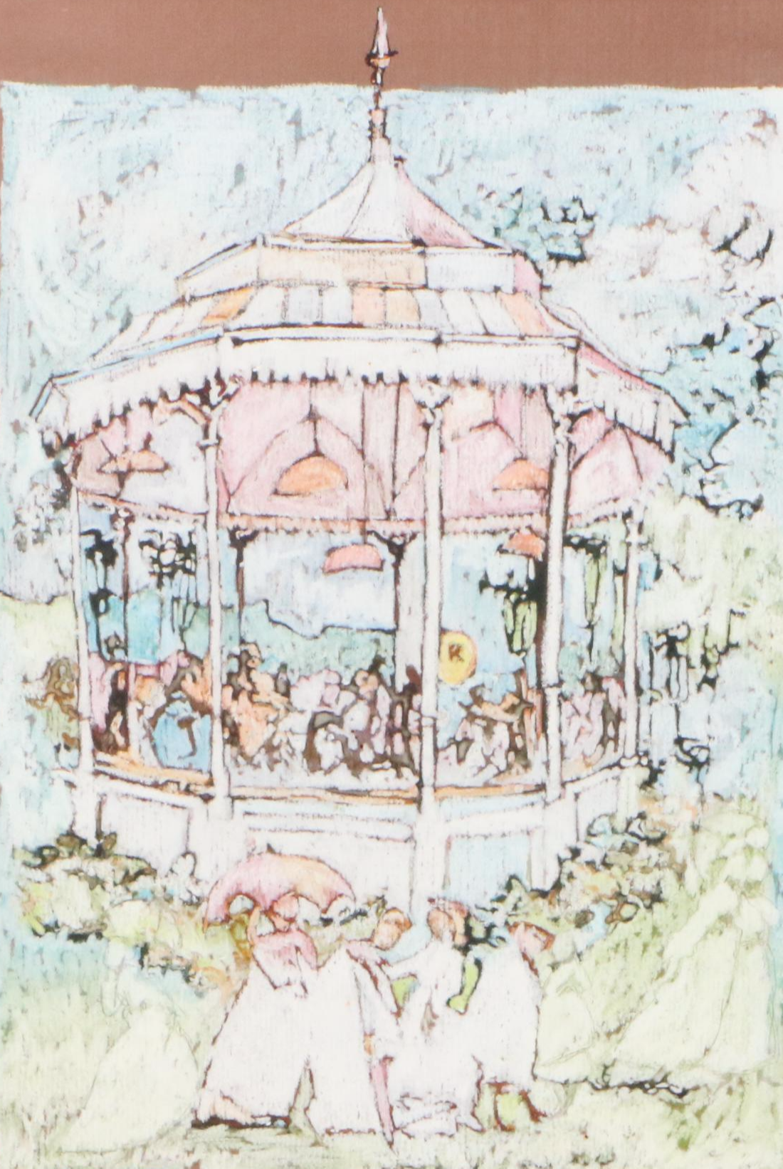 Leisure Scene Chalk Pastel Drawing with Gazebo, Late 20th Century