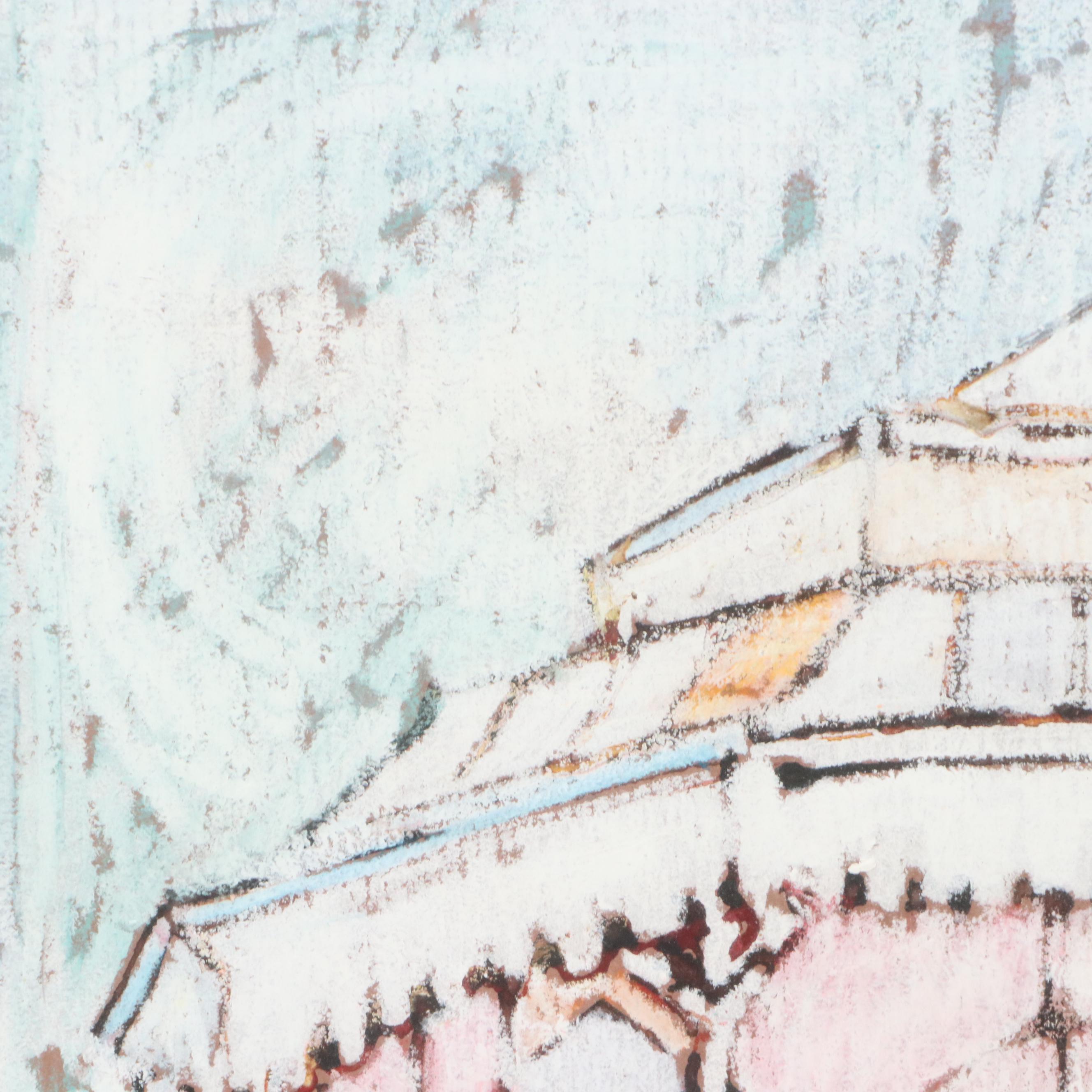 Leisure Scene Chalk Pastel Drawing with Gazebo, Late 20th Century