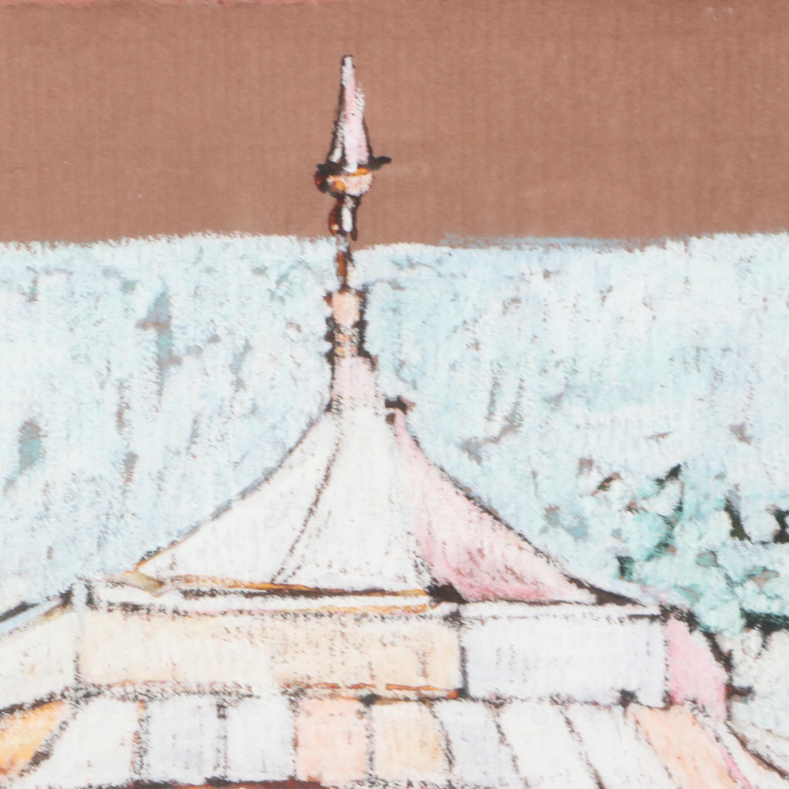 Leisure Scene Chalk Pastel Drawing with Gazebo, Late 20th Century