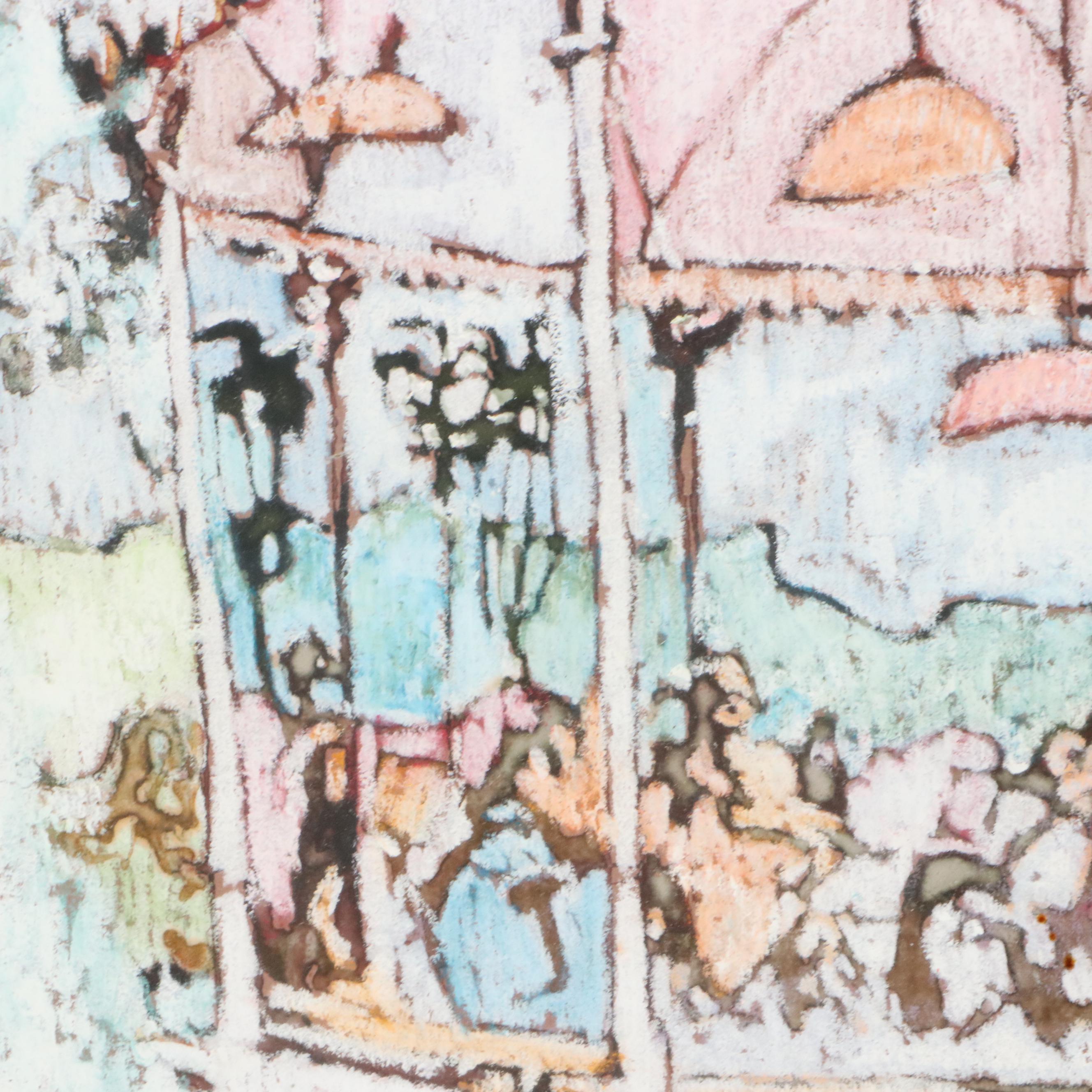 Leisure Scene Chalk Pastel Drawing with Gazebo, Late 20th Century