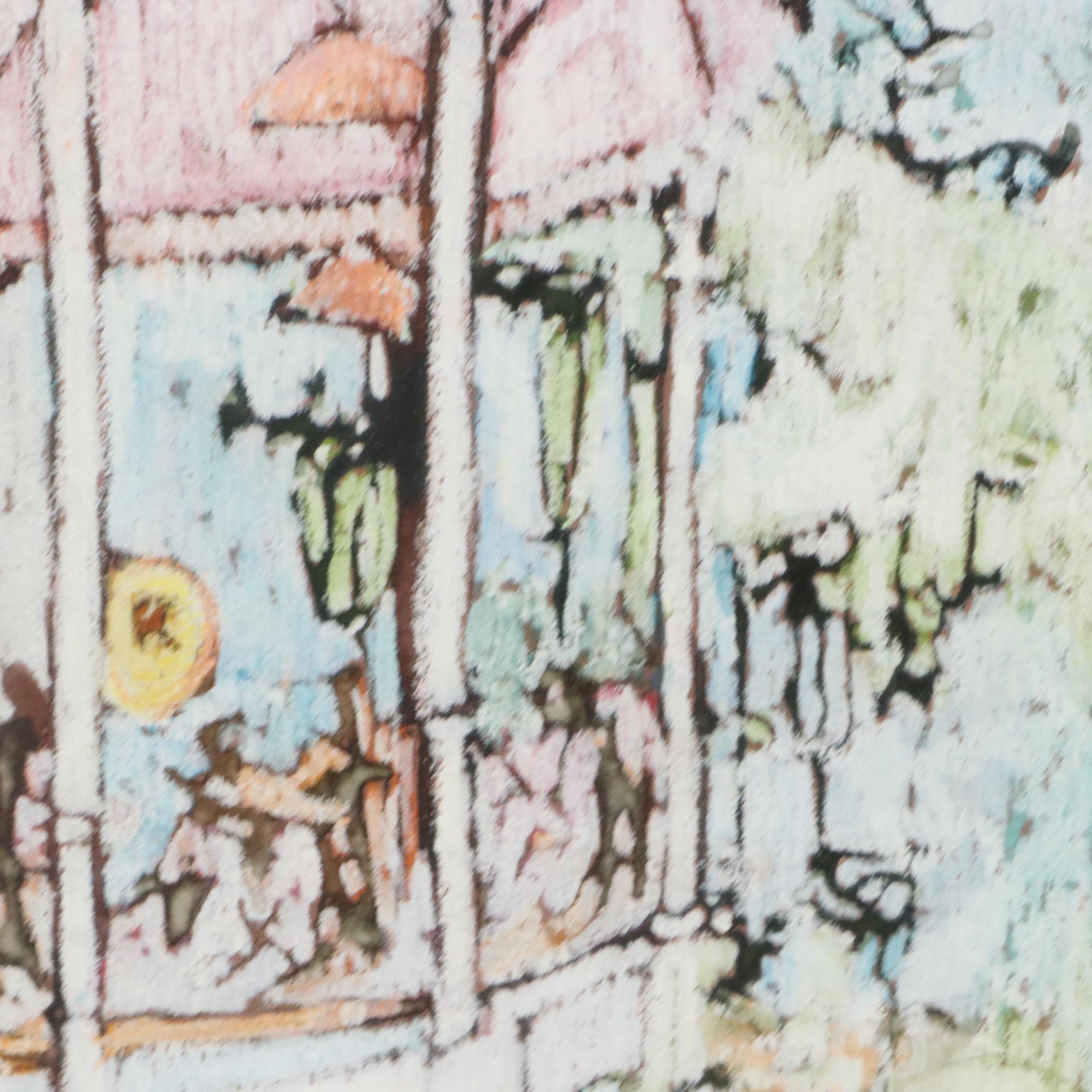 Leisure Scene Chalk Pastel Drawing with Gazebo, Late 20th Century