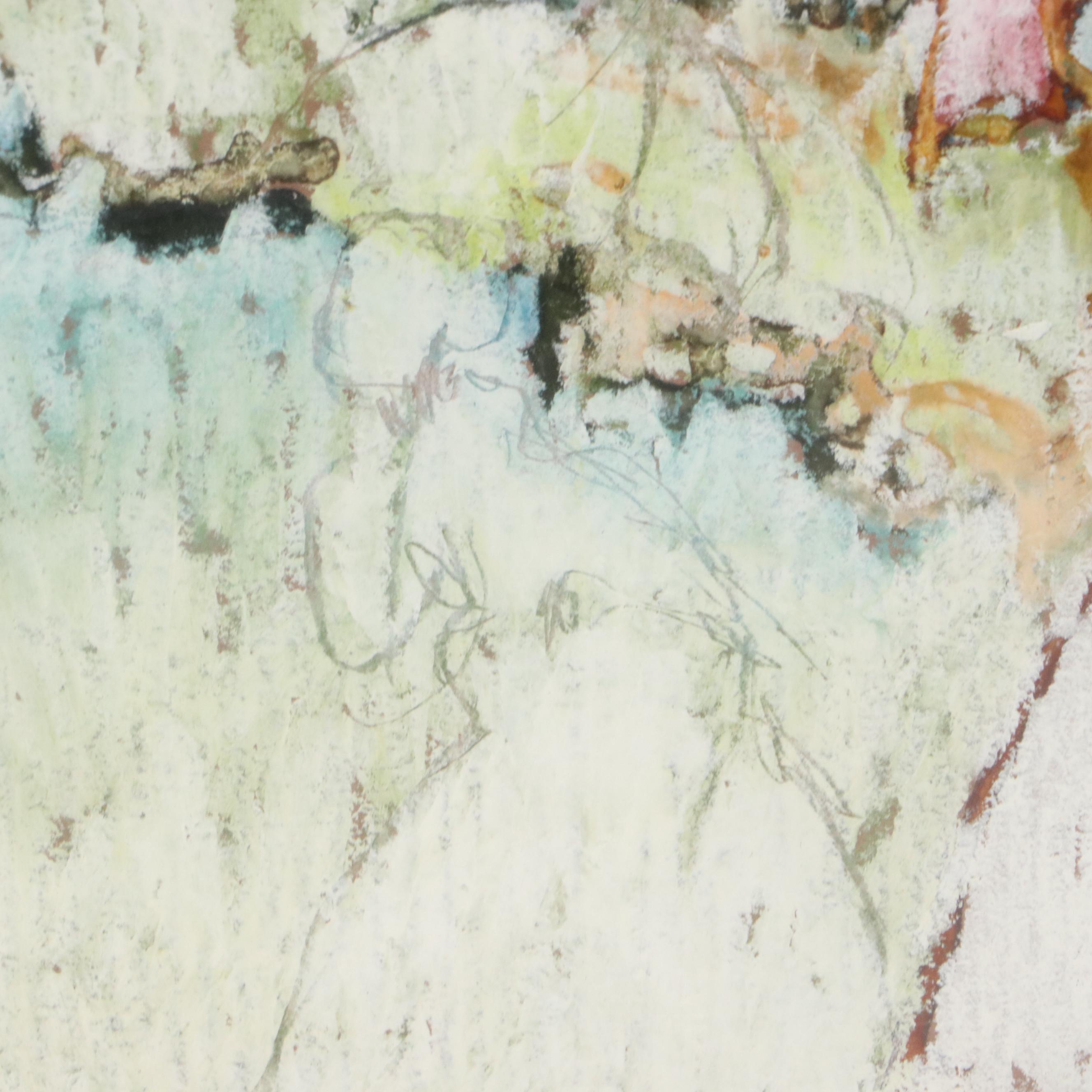 Leisure Scene Chalk Pastel Drawing with Gazebo, Late 20th Century