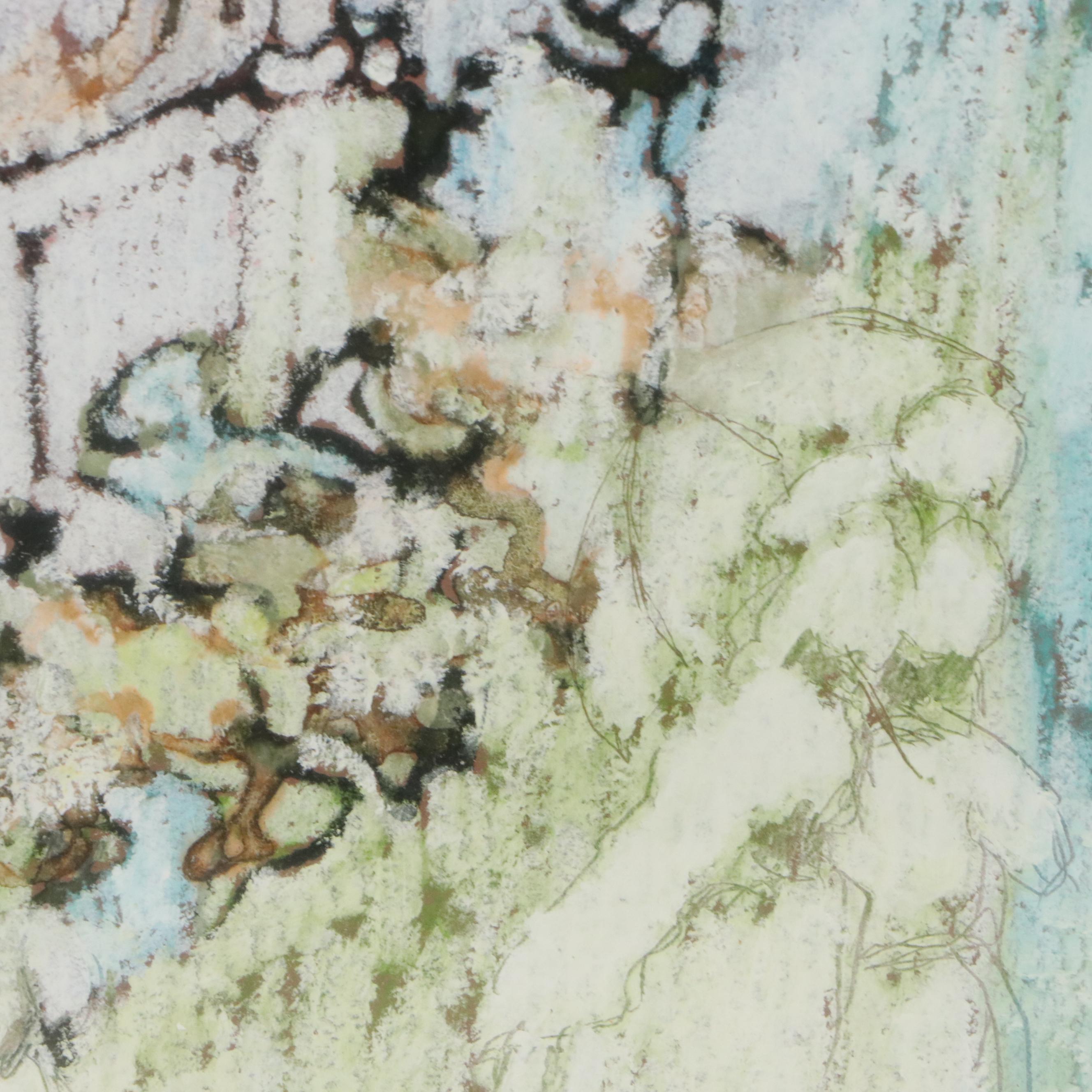 Leisure Scene Chalk Pastel Drawing with Gazebo, Late 20th Century