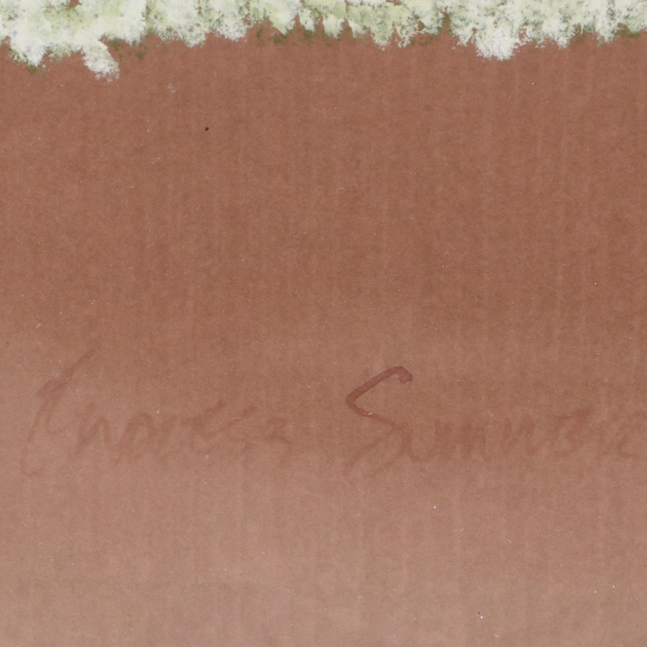 Leisure Scene Chalk Pastel Drawing with Gazebo, Late 20th Century