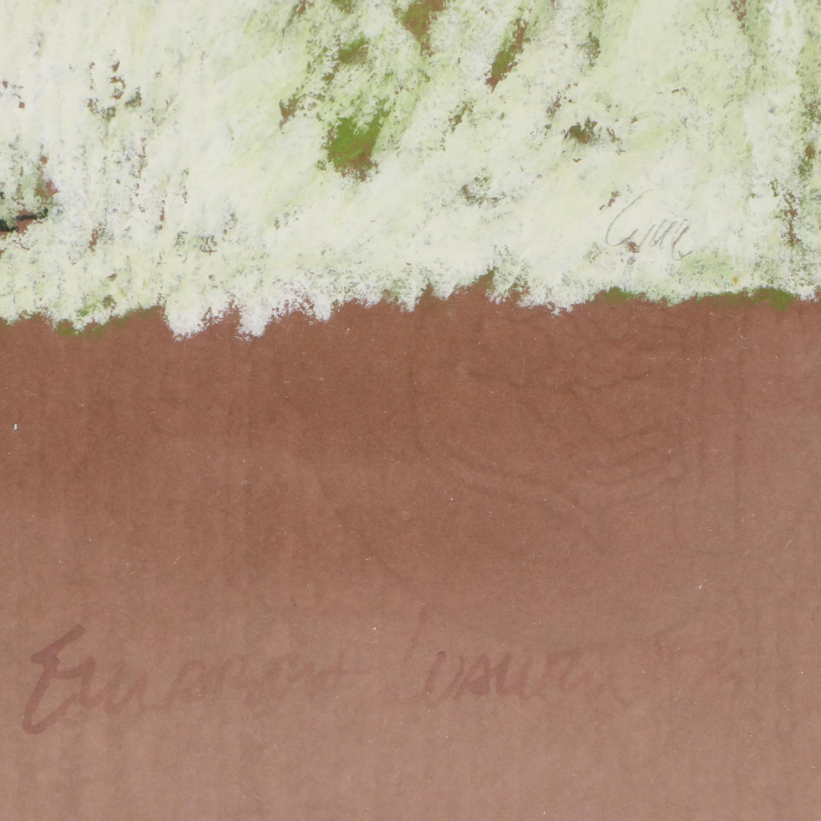 Leisure Scene Chalk Pastel Drawing with Gazebo, Late 20th Century