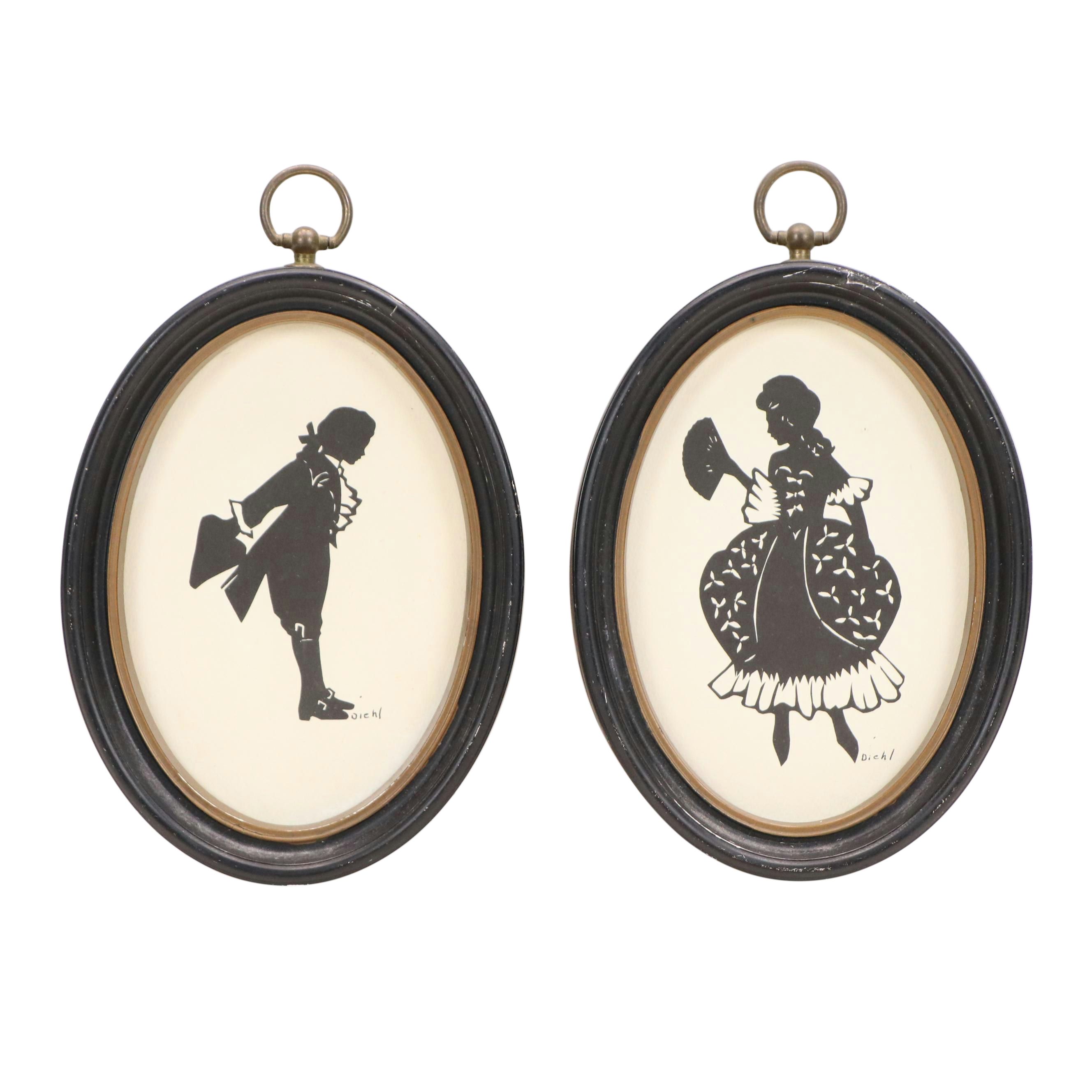 Laurene Rose Diehl Lithograph Prints of Courtesan Silhouettes, Mid-20th Century