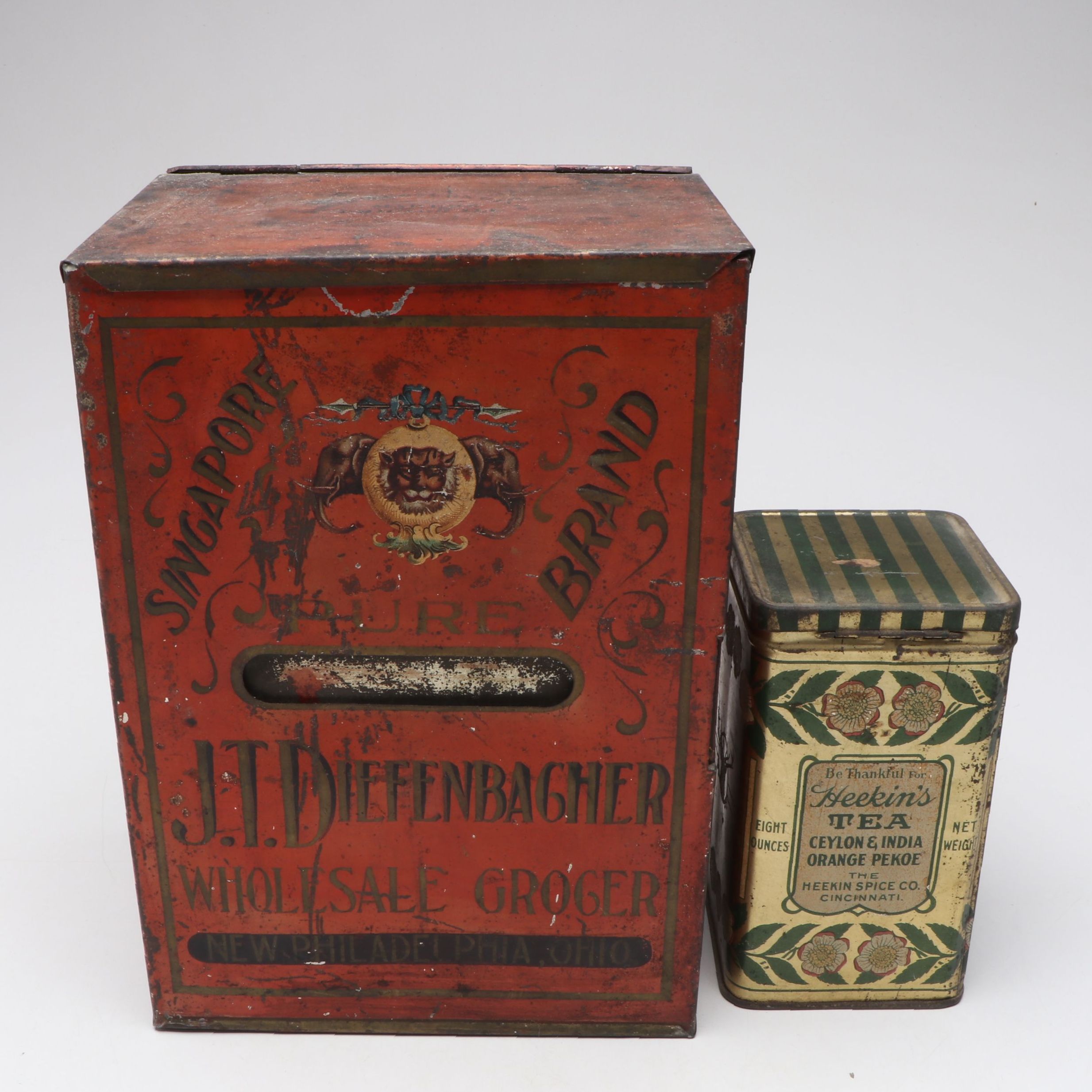 Singapore Brand and Heekin' Tea Advertising Tins, Late 19th/ Early 20th Century