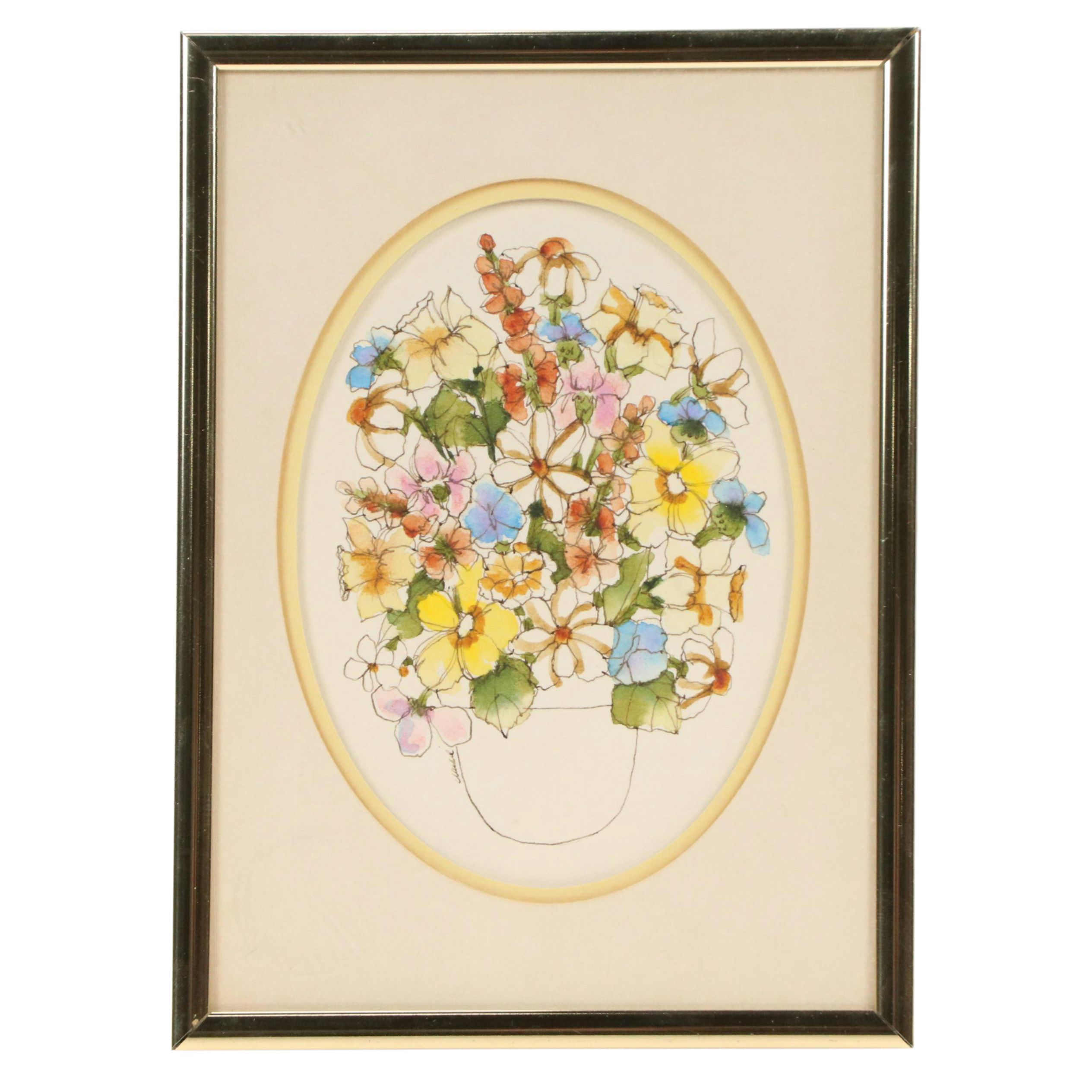 Margie Michel Watercolor Painting of Flower Pot, Mid-20th Century