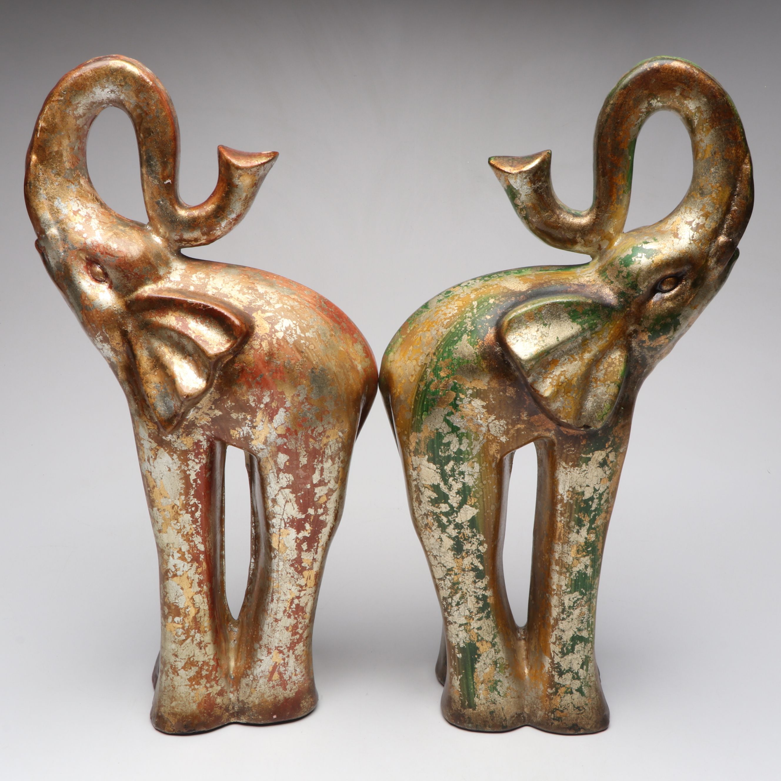 Rustic Crackle Gilt Finish Hollow Metal Elephants