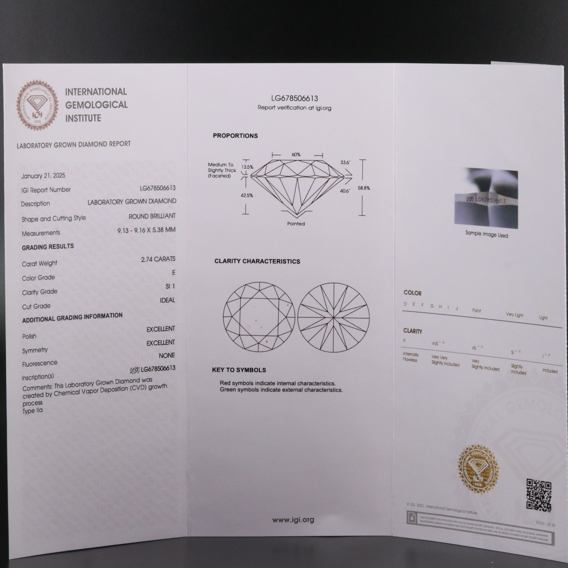 Loose 2.74 CT Lab Grown Diamond with IGI Report