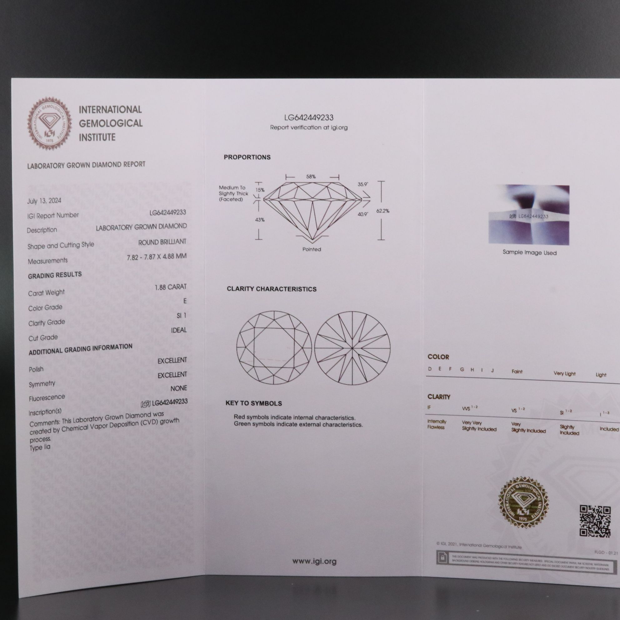 Loose 1.88 CT Lab Grown Diamond with IGI Report