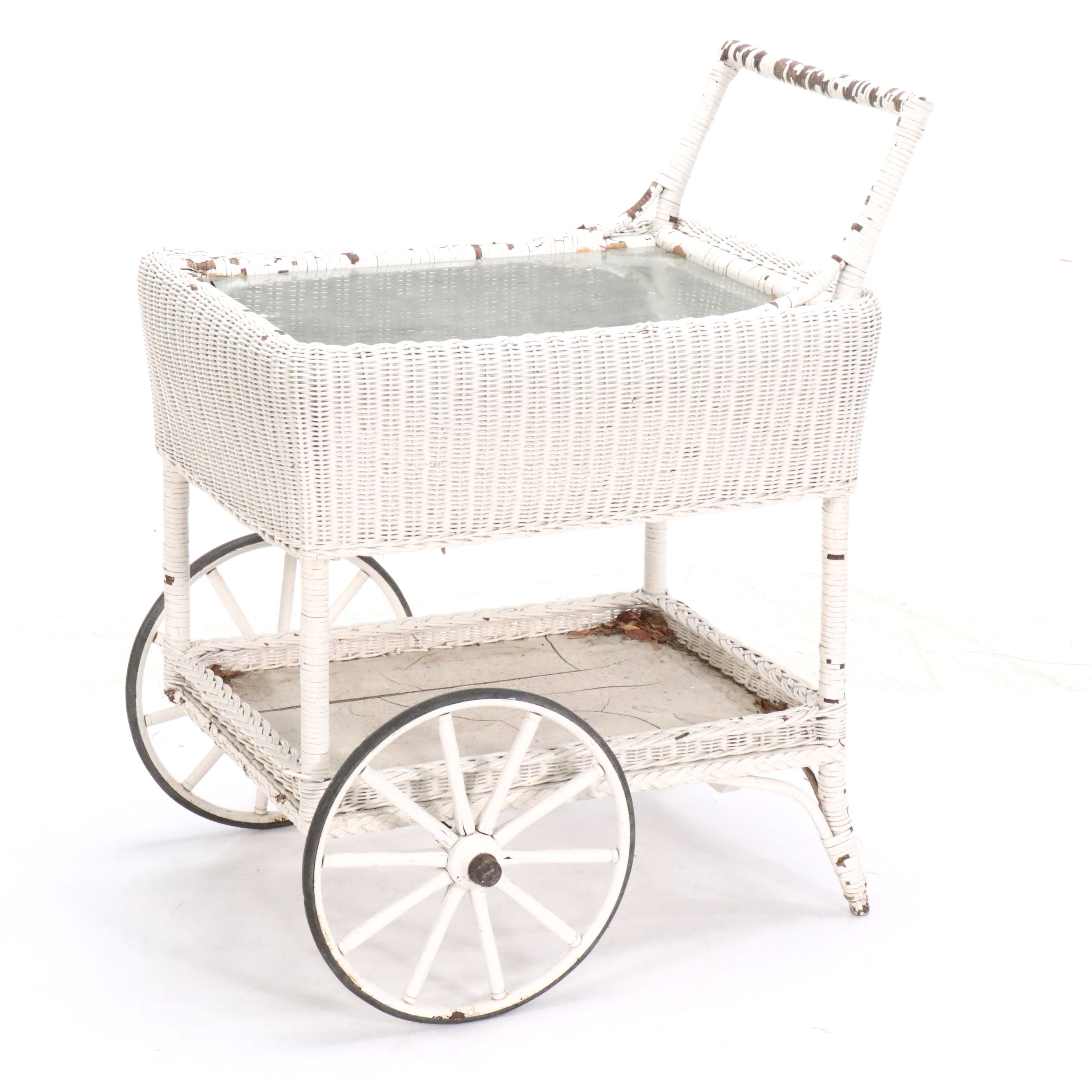 Victorian Style Painted Wicker Glass Top Tea Cart