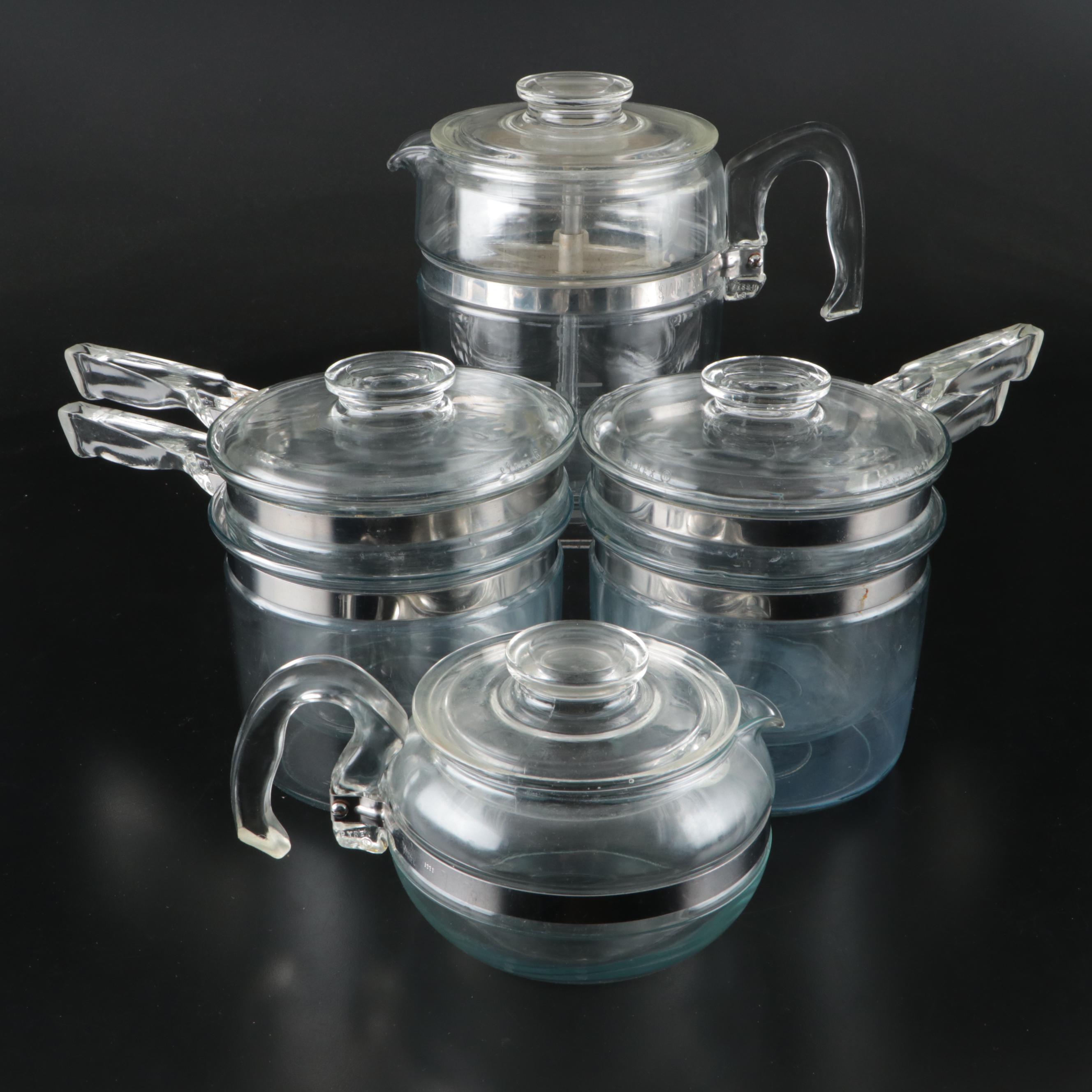 Pyrex Flameware Clear Glass Cooking Pots, Coffee Percolator and Teapot