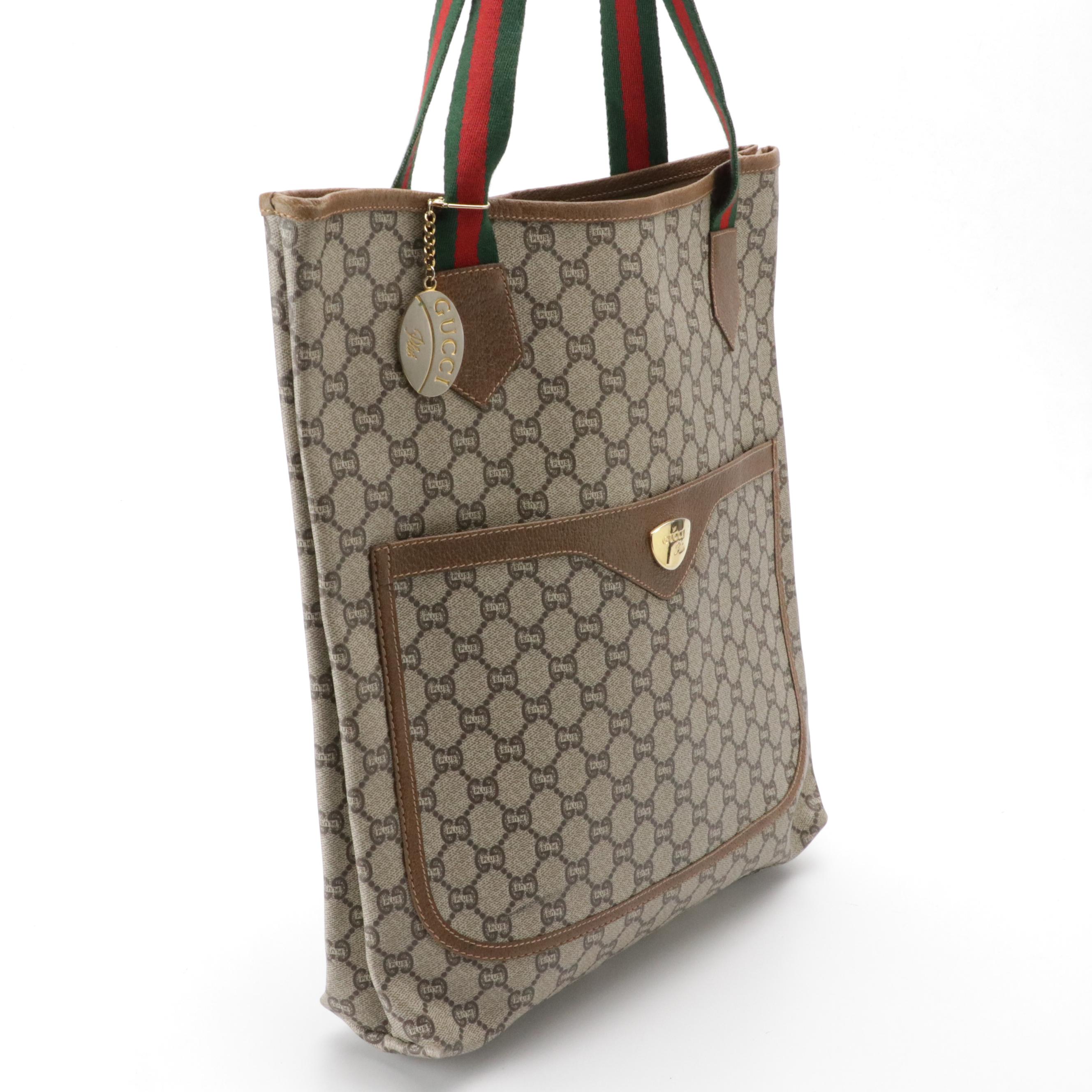 Gucci Tote in GG Plus Supreme Canvas, Brown Leather and Web Straps