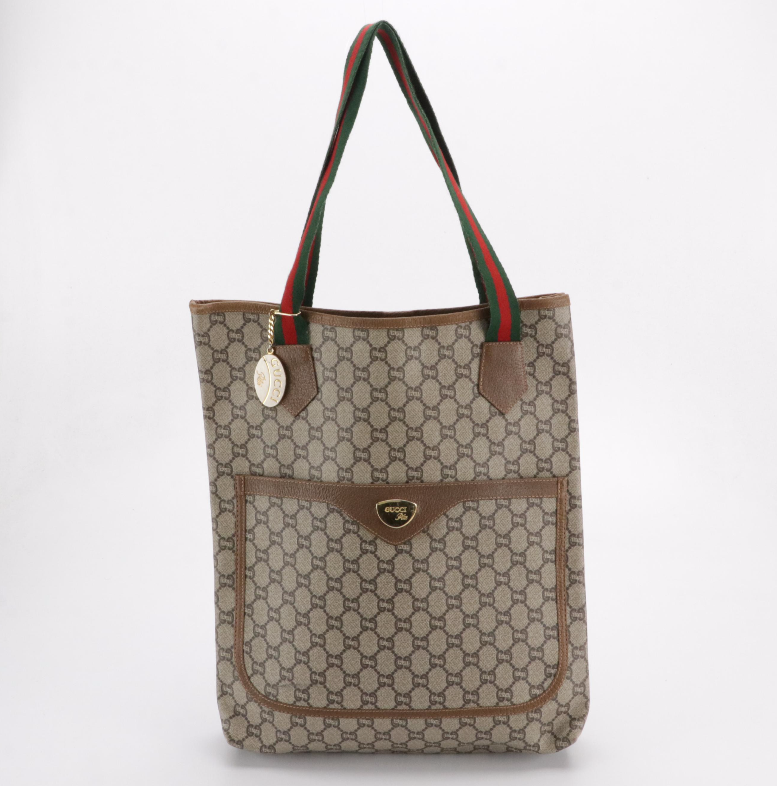Gucci Tote in GG Plus Supreme Canvas, Brown Leather and Web Straps