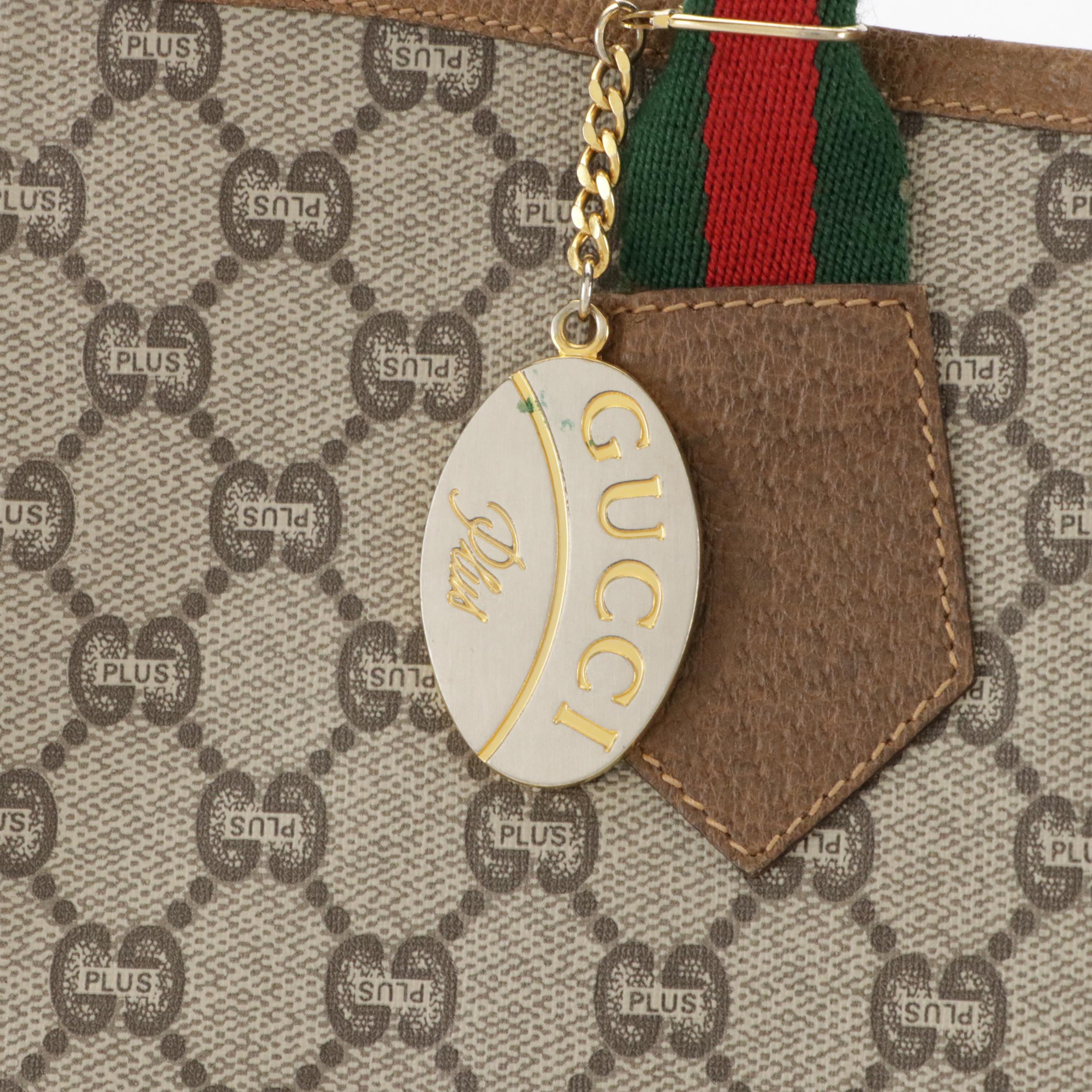 Gucci Tote in GG Plus Supreme Canvas, Brown Leather and Web Straps