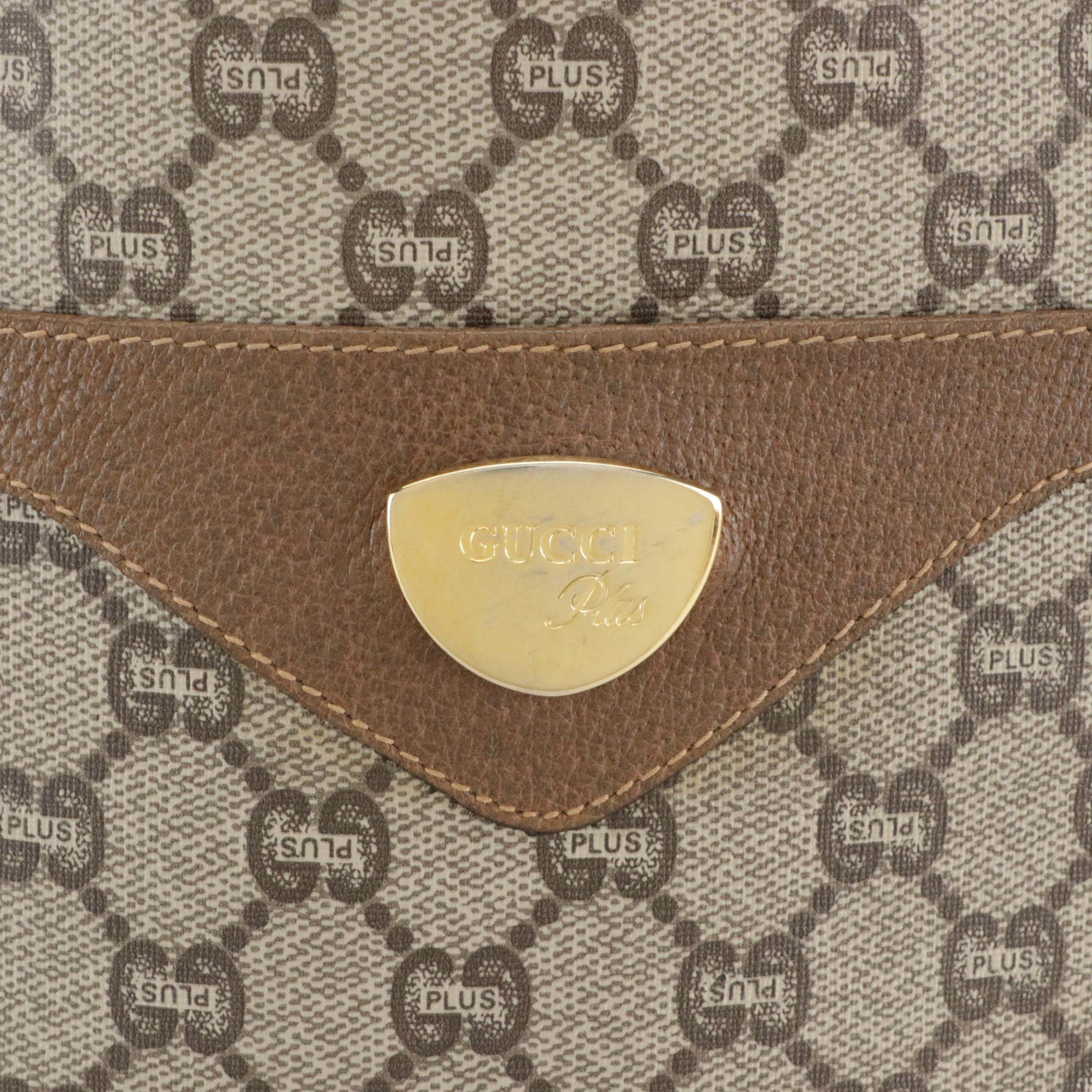 Gucci Tote in GG Plus Supreme Canvas, Brown Leather and Web Straps