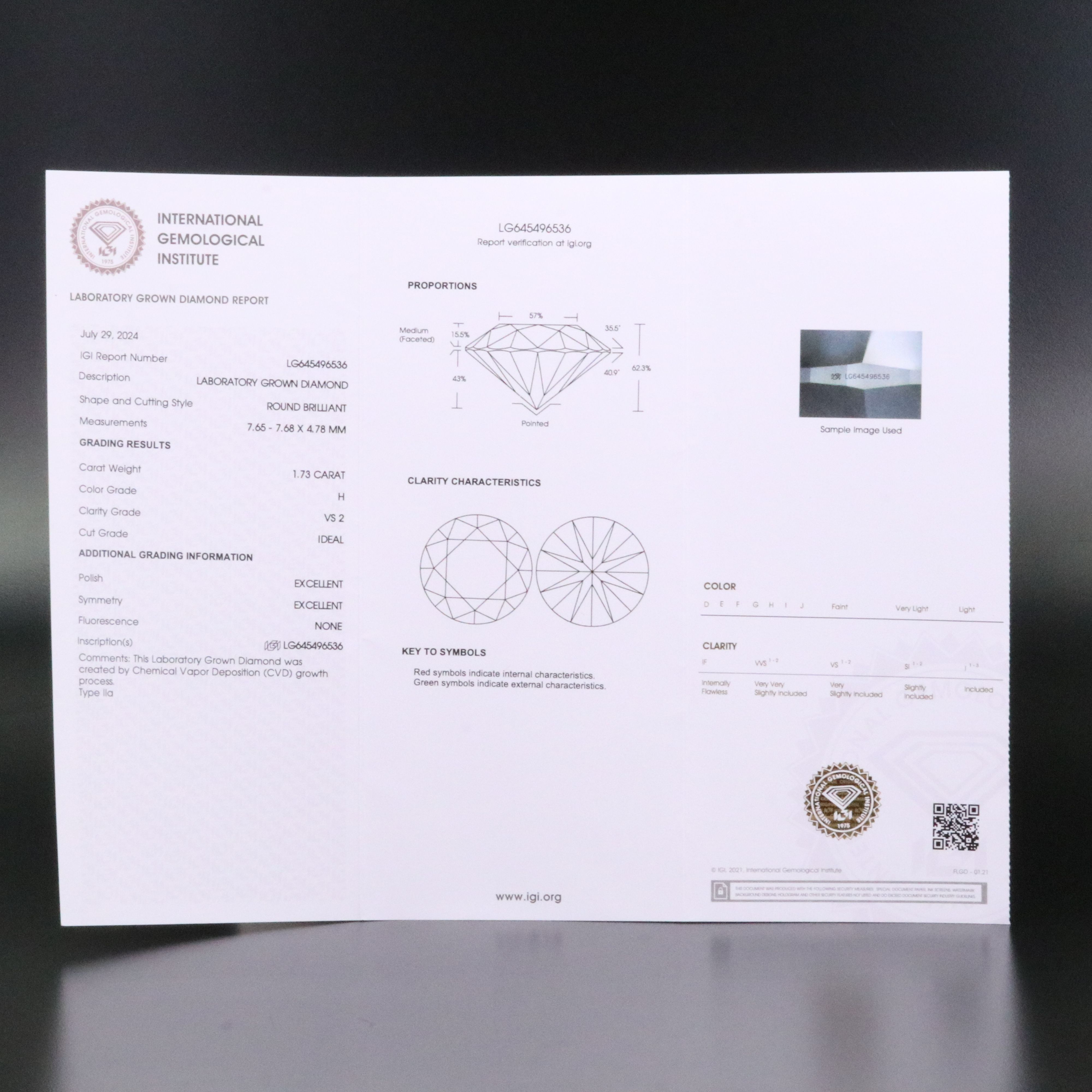 Loose 1.73 CT Lab Grown Diamond with IGI Report