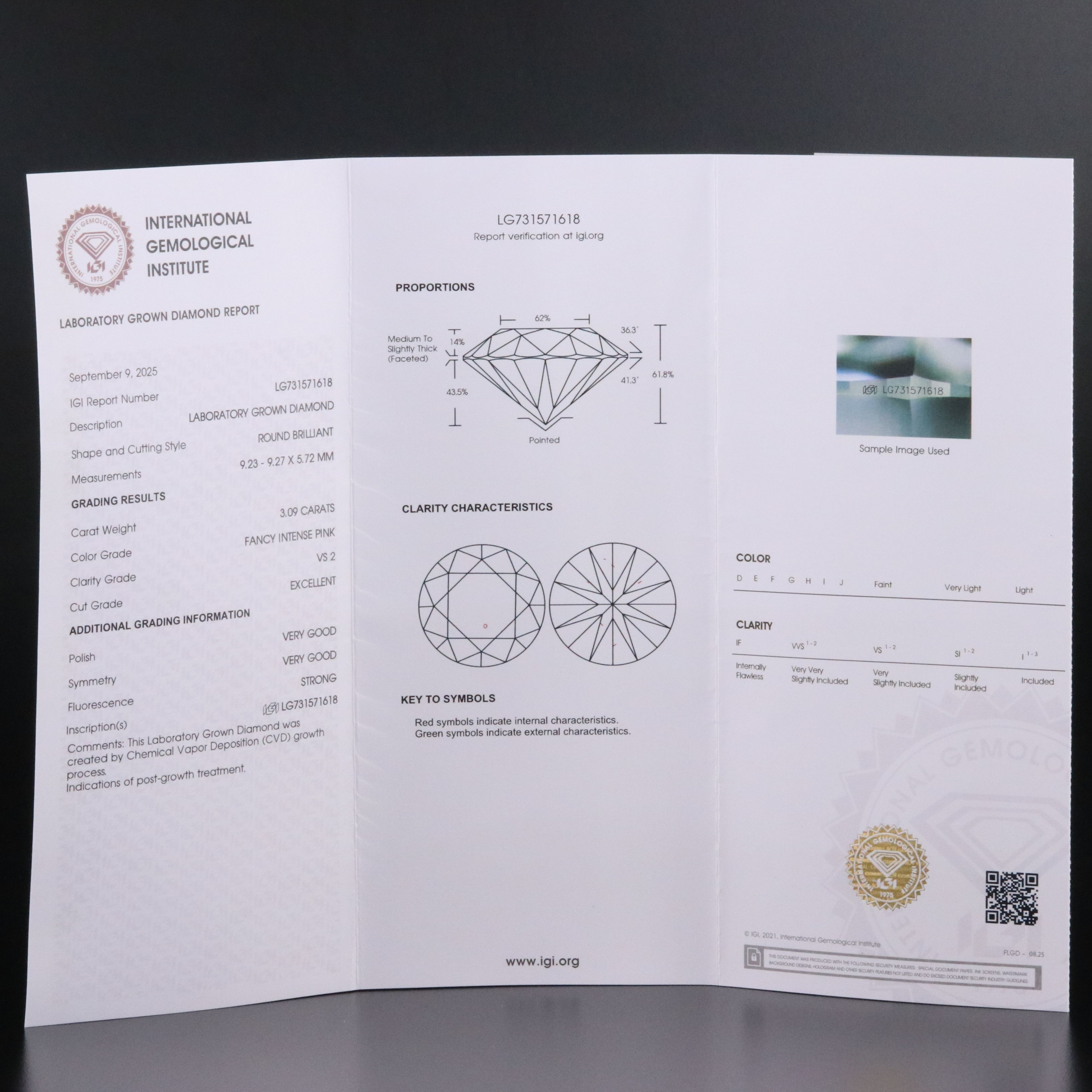 Loose 3.09 CT Lab Grown Fancy Pink Diamond with IGI Report