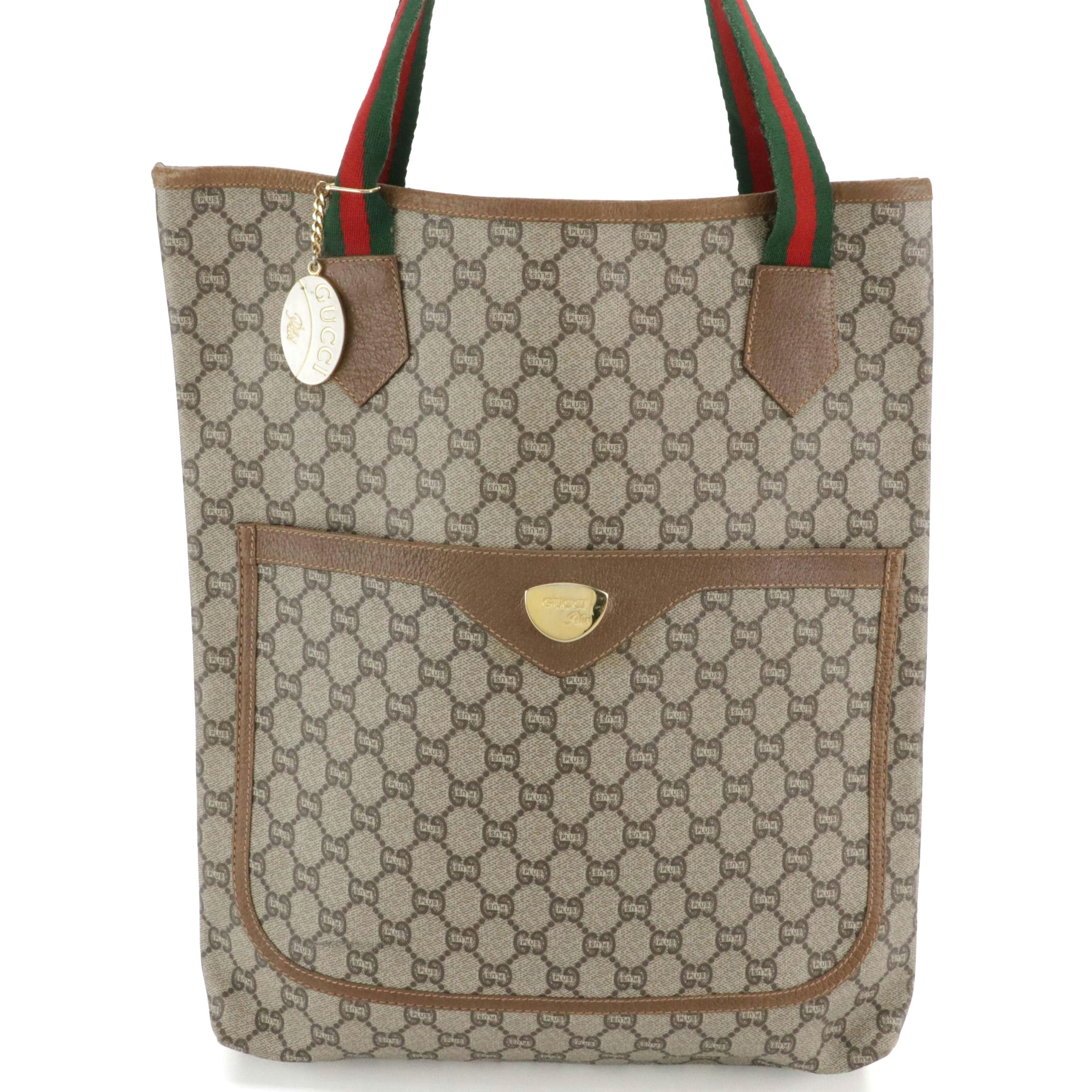 Gucci Tote in GG Plus Supreme Canvas, Brown Leather and Web Straps