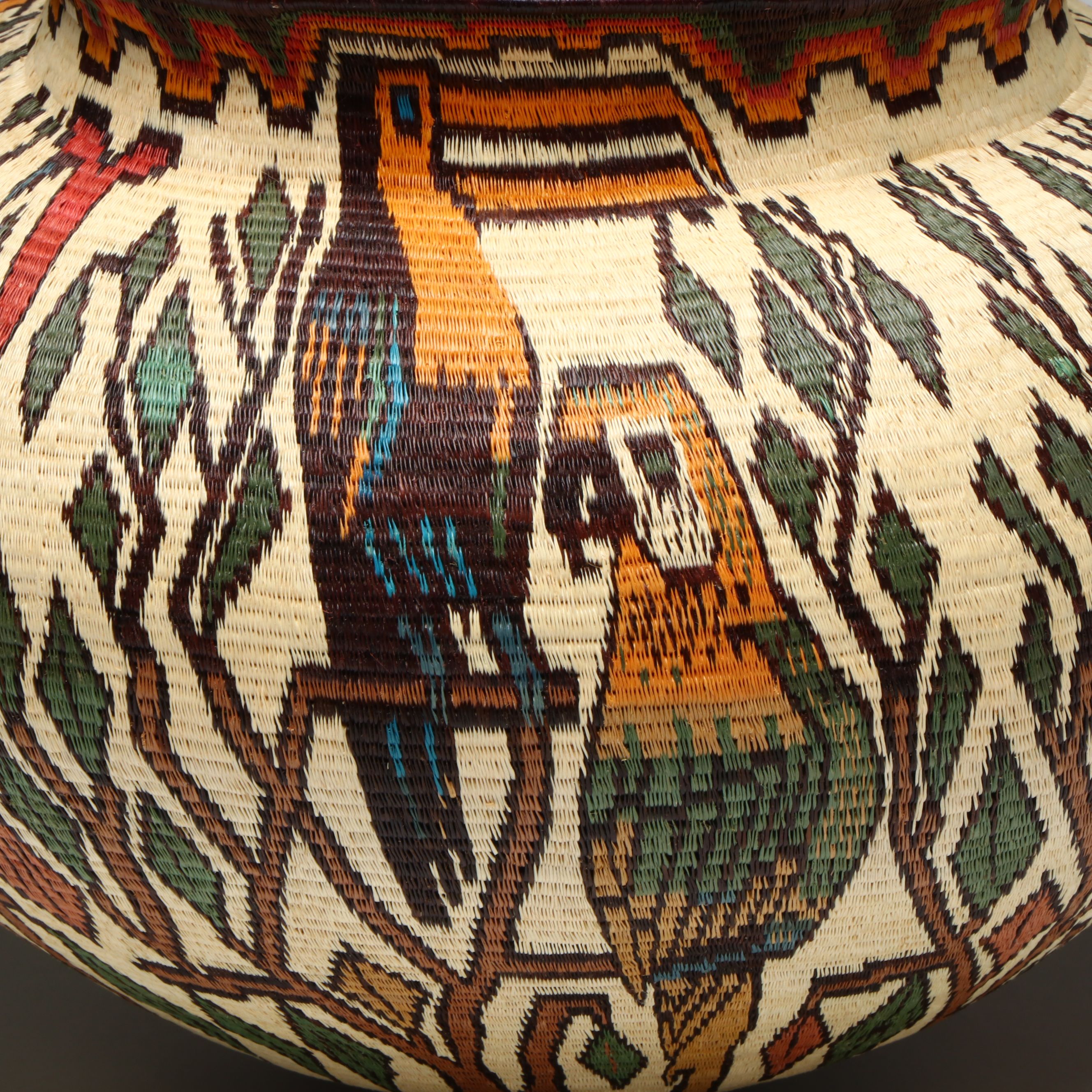 Panamanian Emberá-Wounaan Plant Fiber Basket with Polychrome Tropical Birds