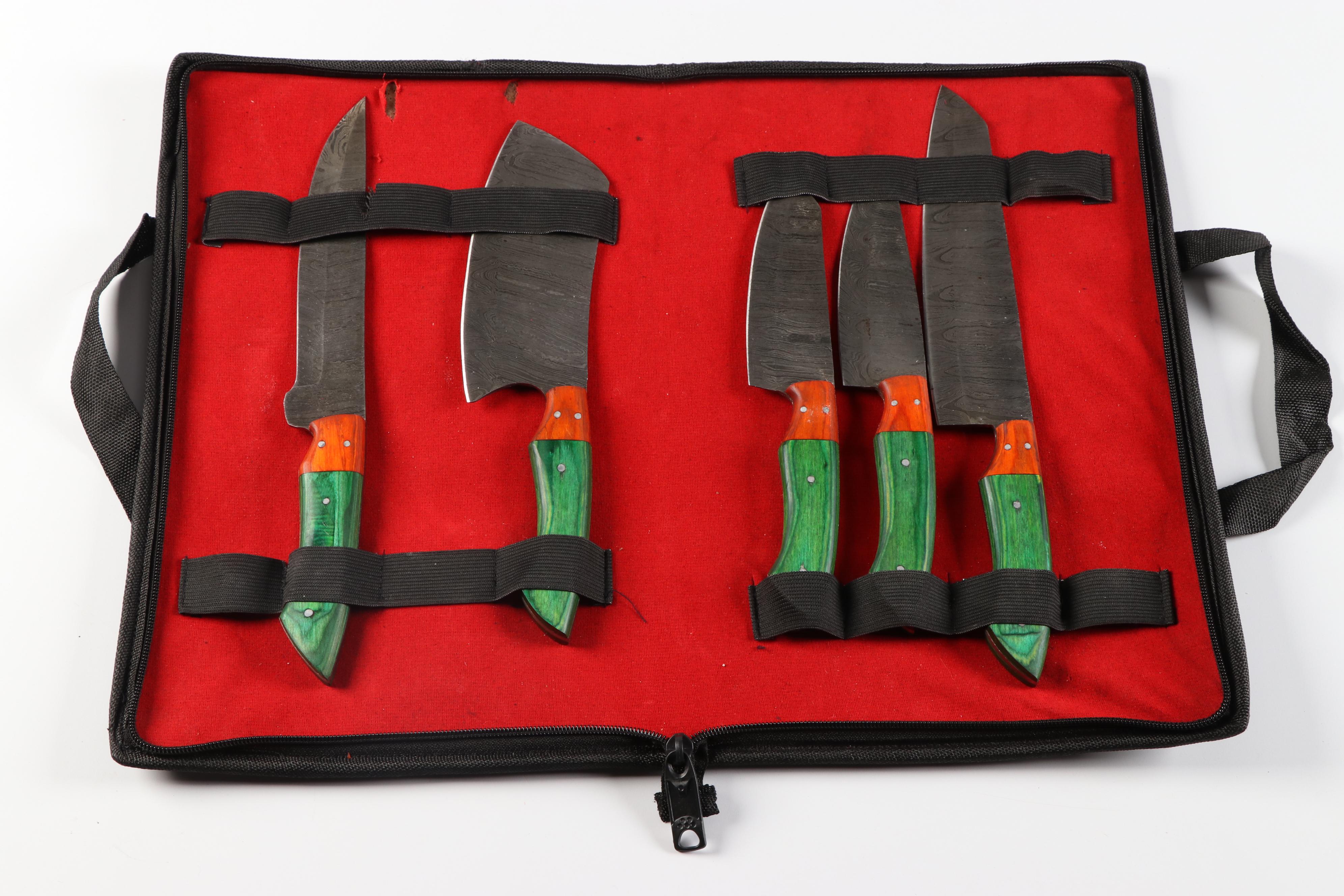 Forged Damascus Steel Kitchen Knives with Dyed Wood Handles