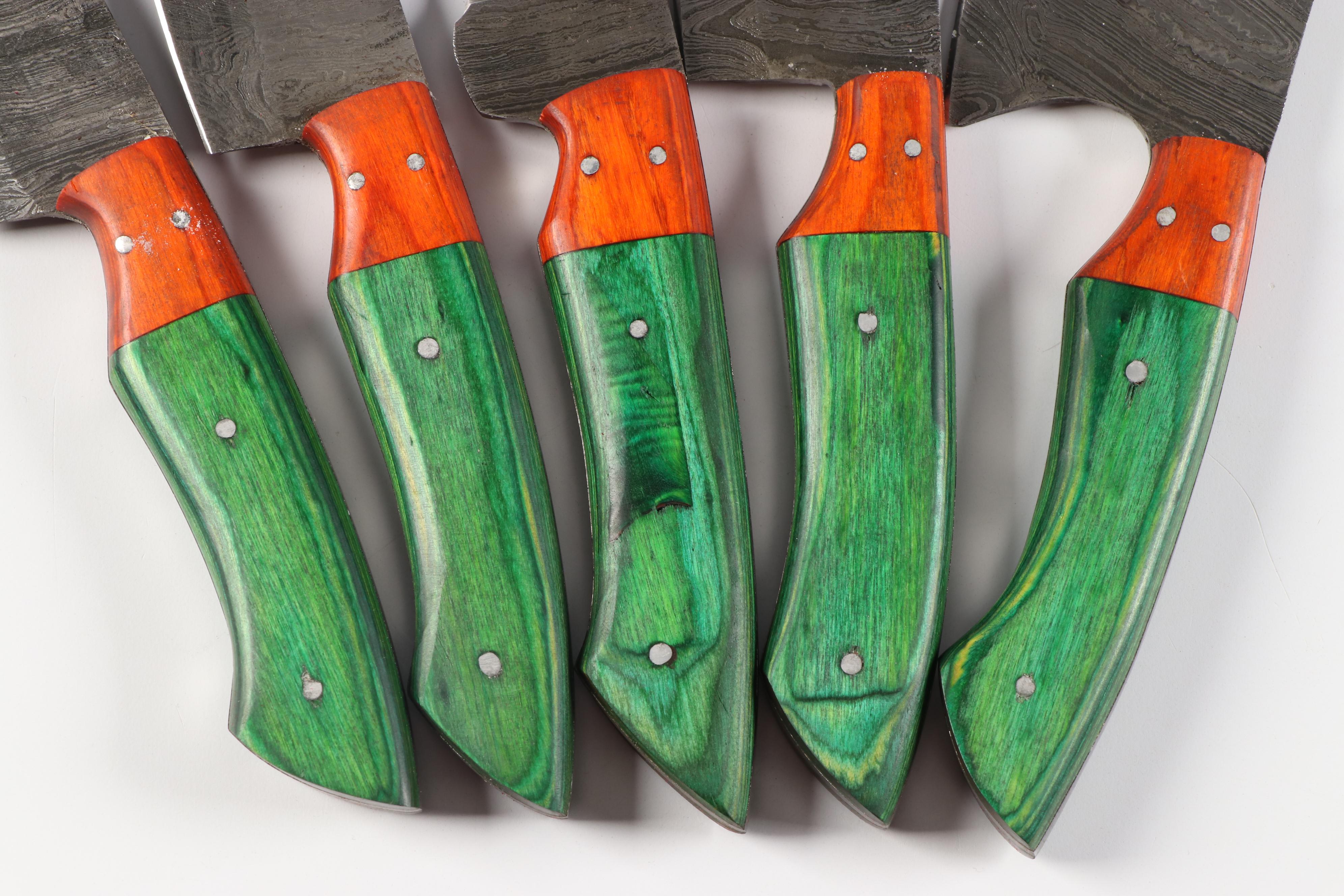 Forged Damascus Steel Kitchen Knives with Dyed Wood Handles