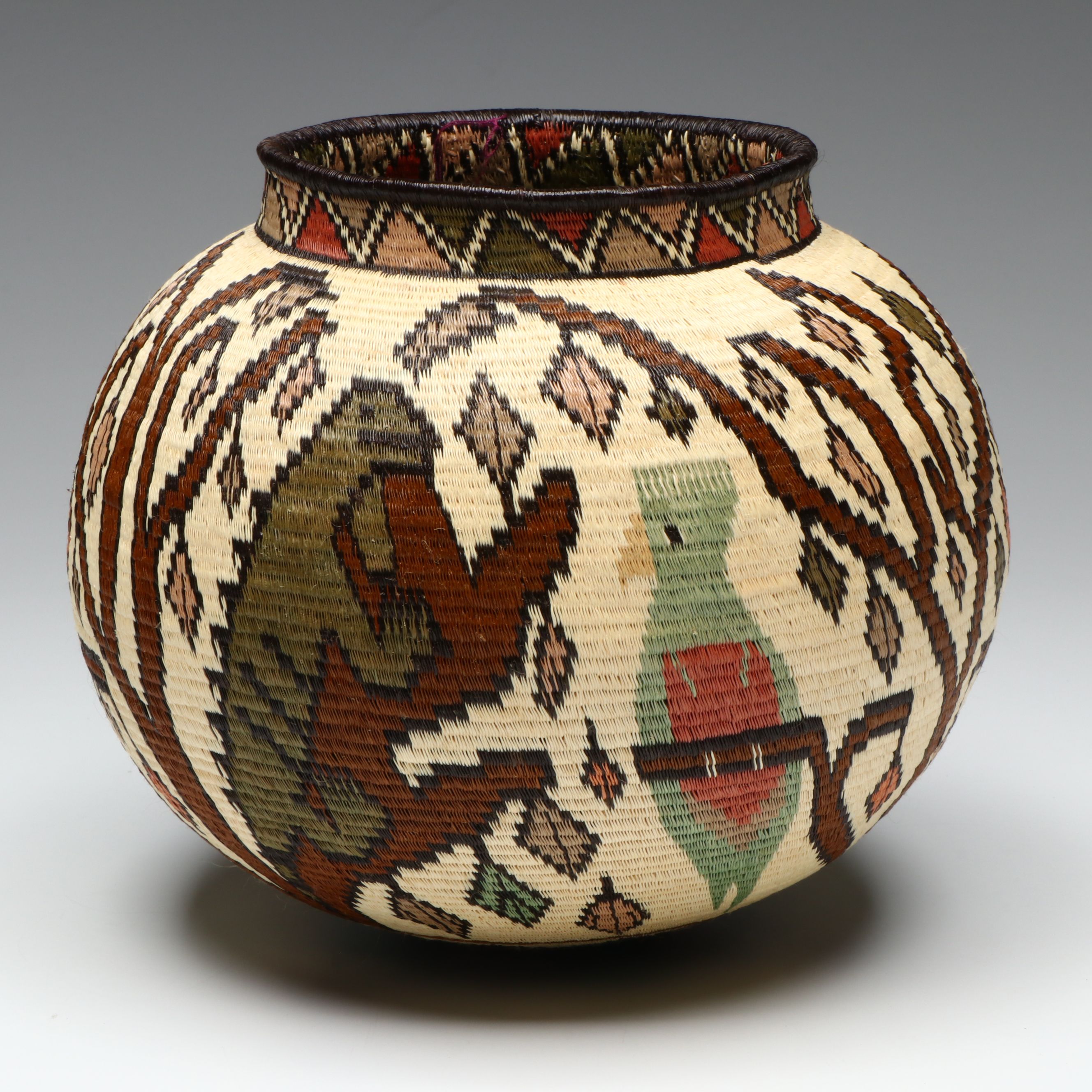 Panamanian Emberá-Wounaan Plant Fiber Basket with Reptiles and Tropical Birds