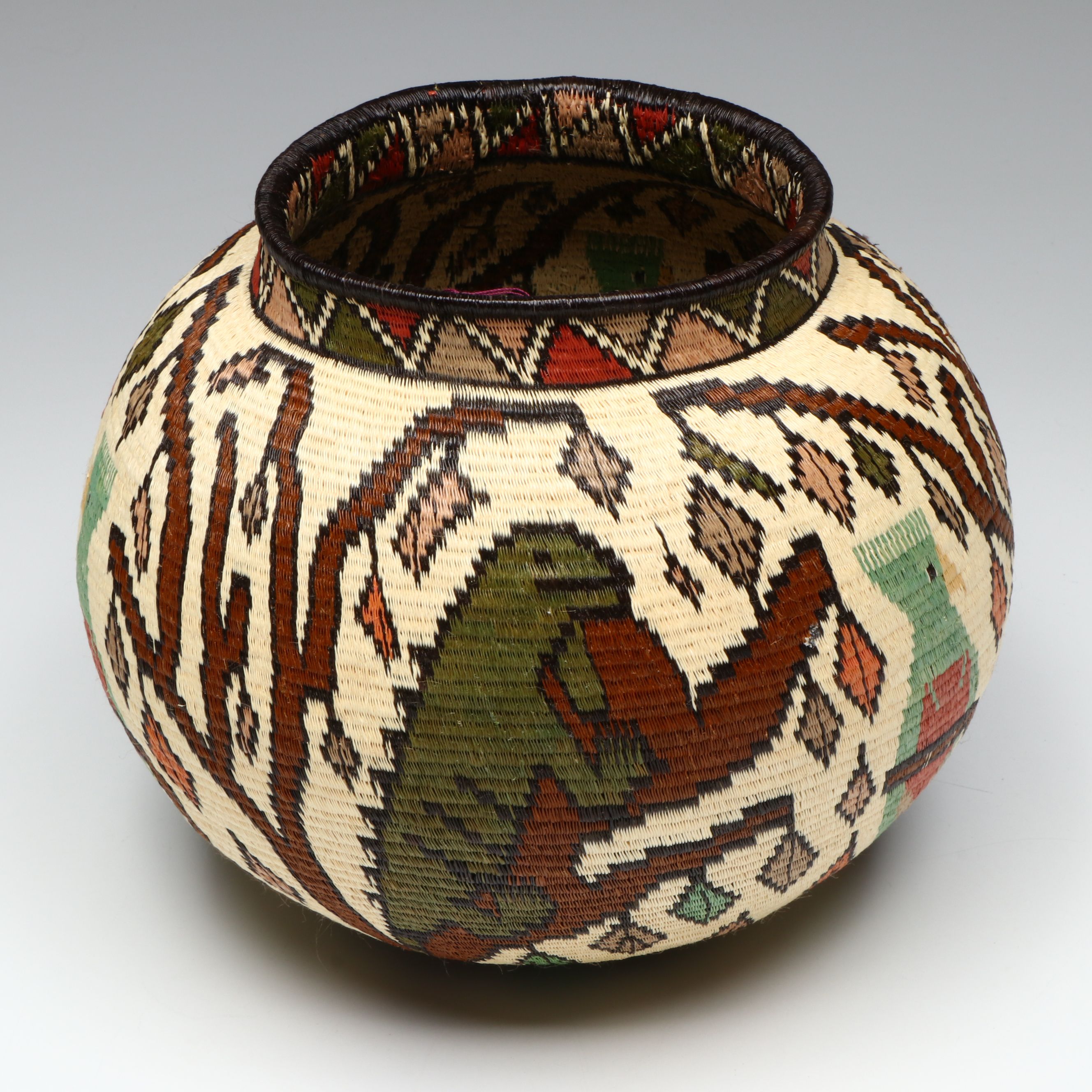 Panamanian Emberá-Wounaan Plant Fiber Basket with Reptiles and Tropical Birds