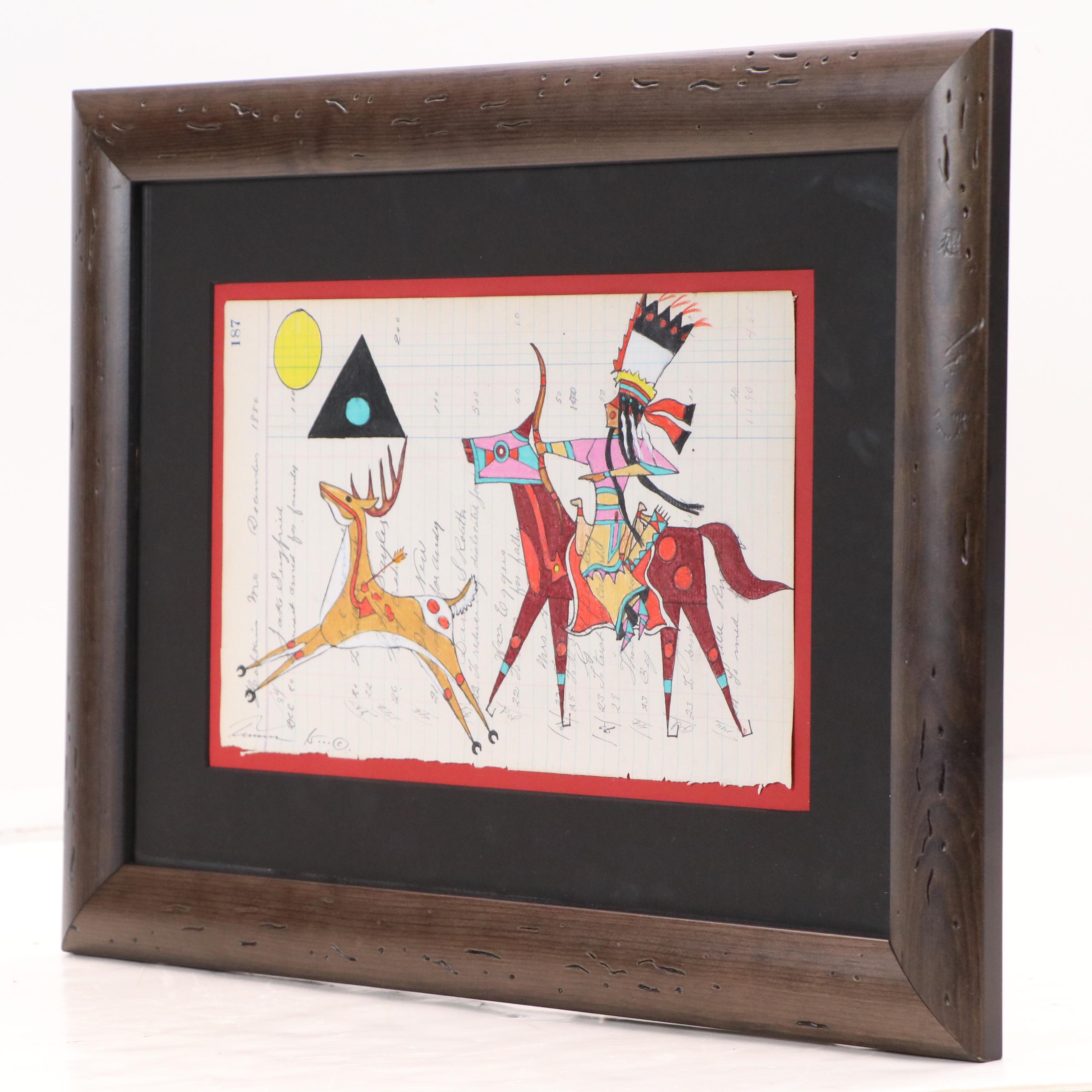 Terrance Guardipee Ledger Art Mixed Media Drawing "Sky Woman the Provider"