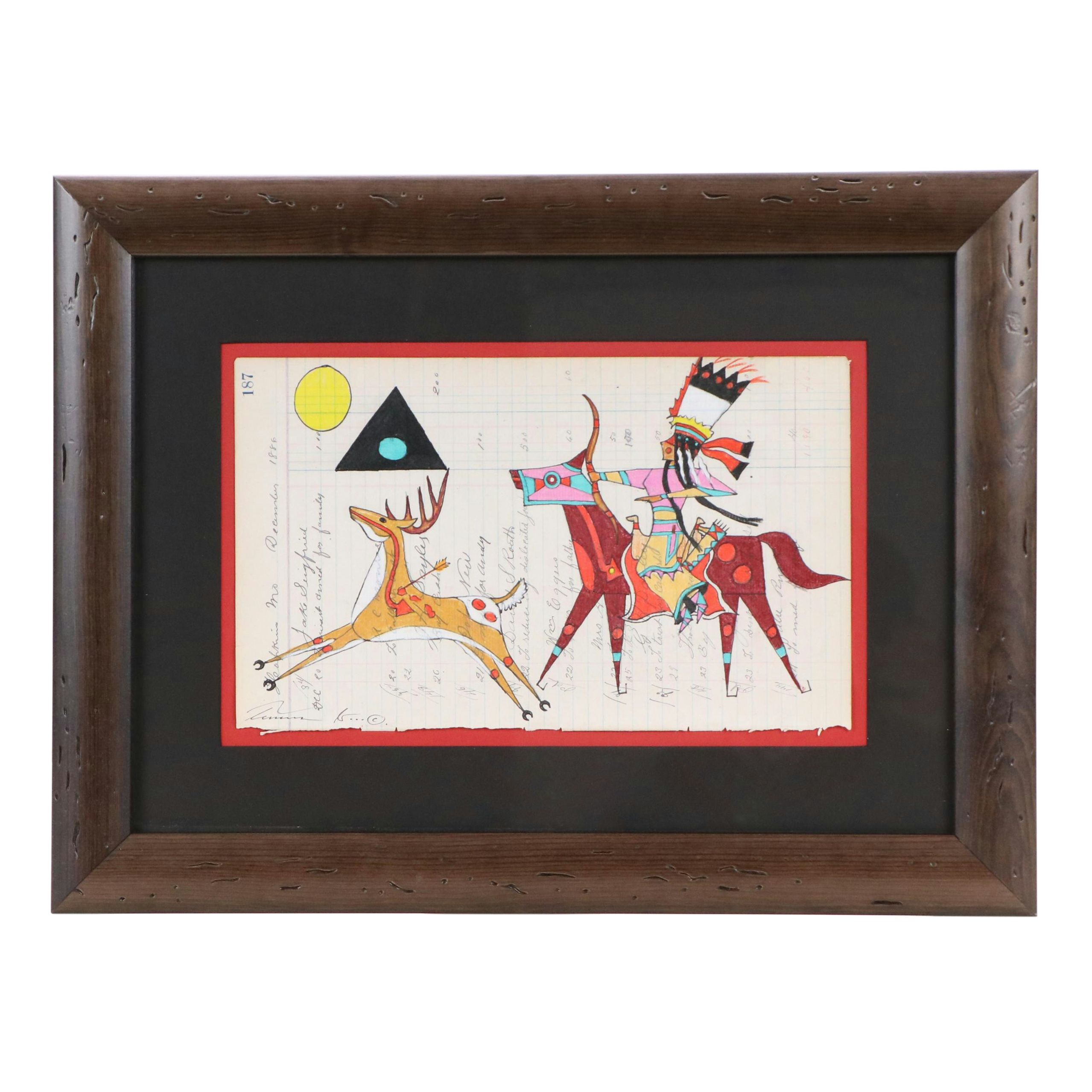 Terrance Guardipee Ledger Art Mixed Media Drawing "Sky Woman the Provider"