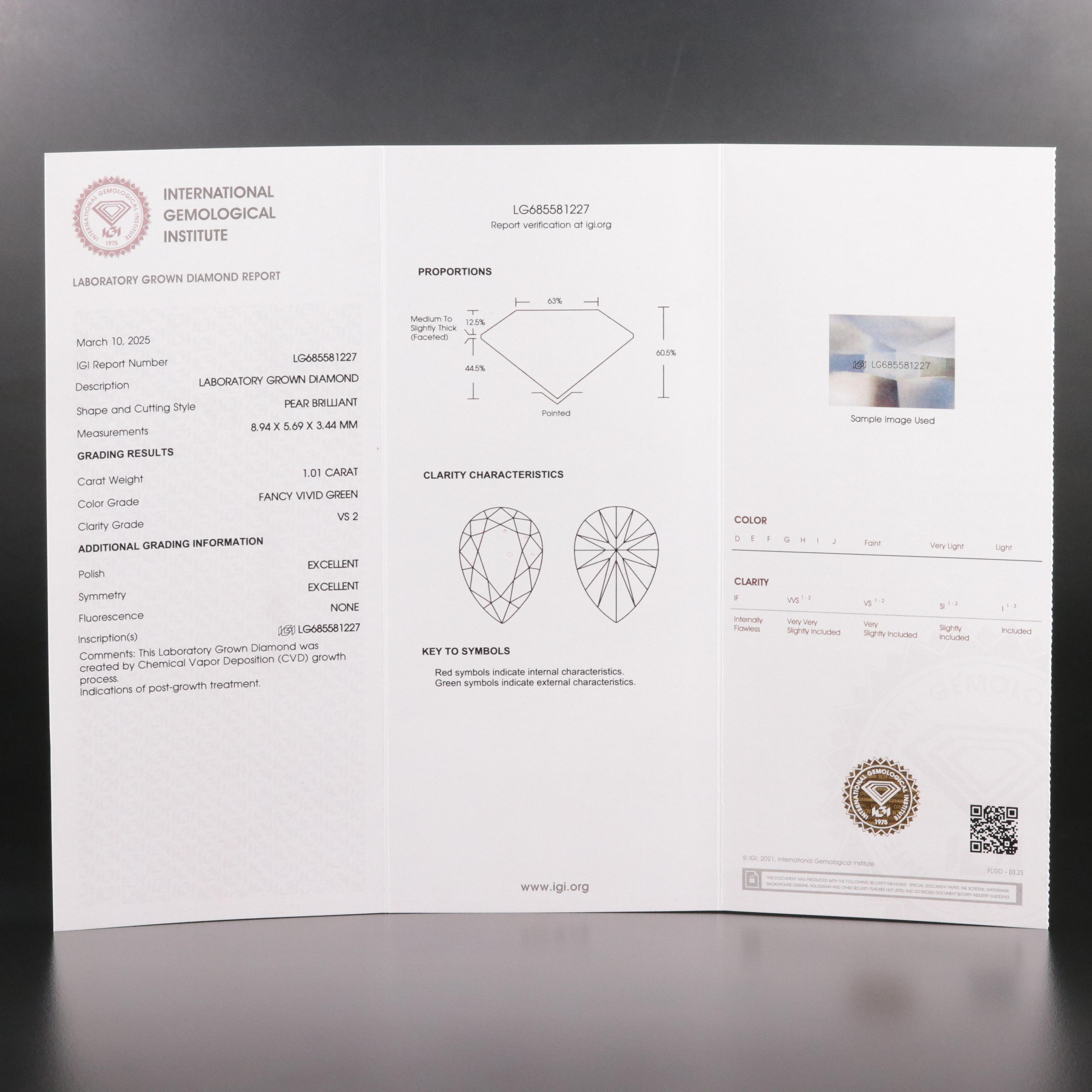 Loose 1.01 CT Lab Grown Fancy Green Diamond with IGI Report