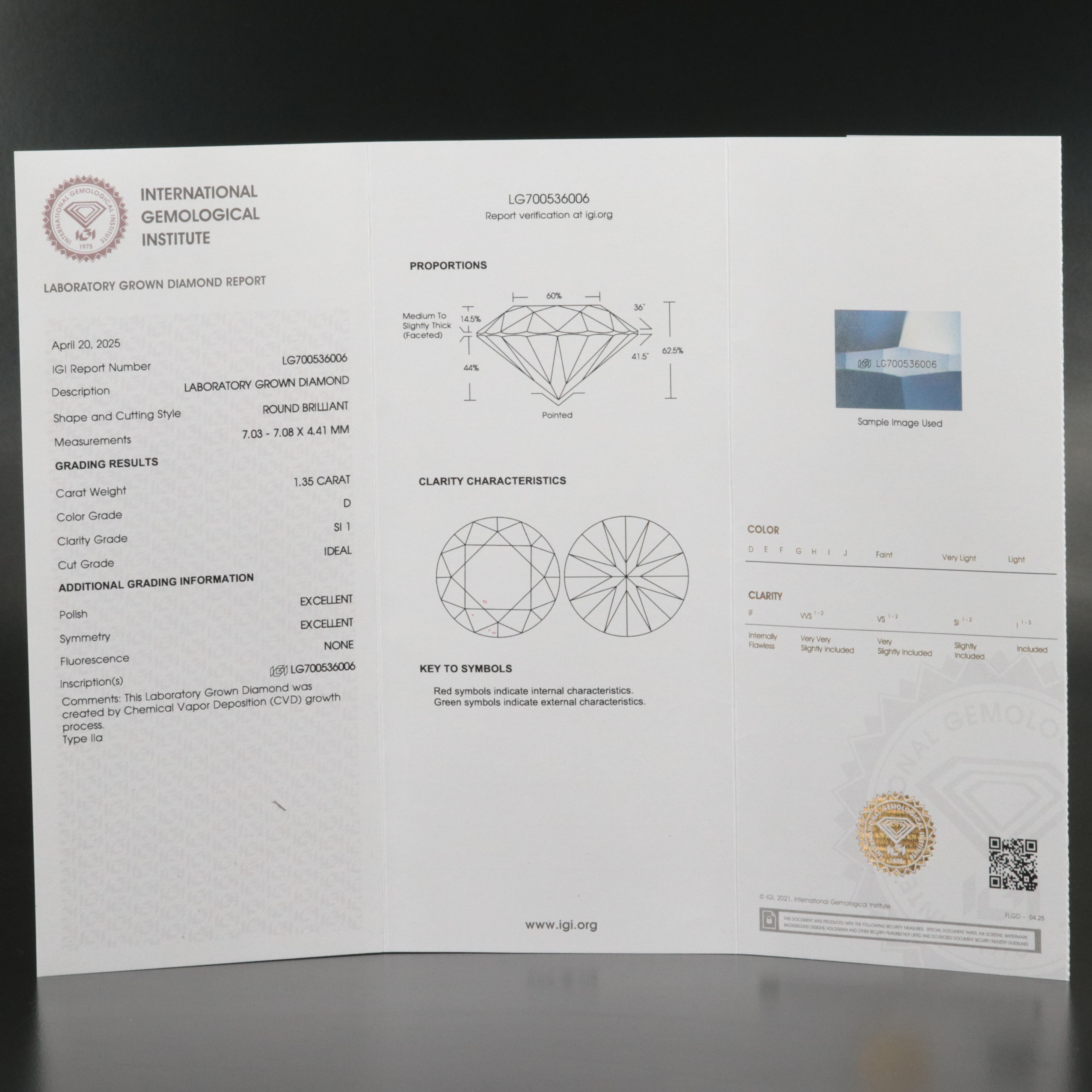 Loose 1.35 1CT Lab Grown Diamond with IGI Report