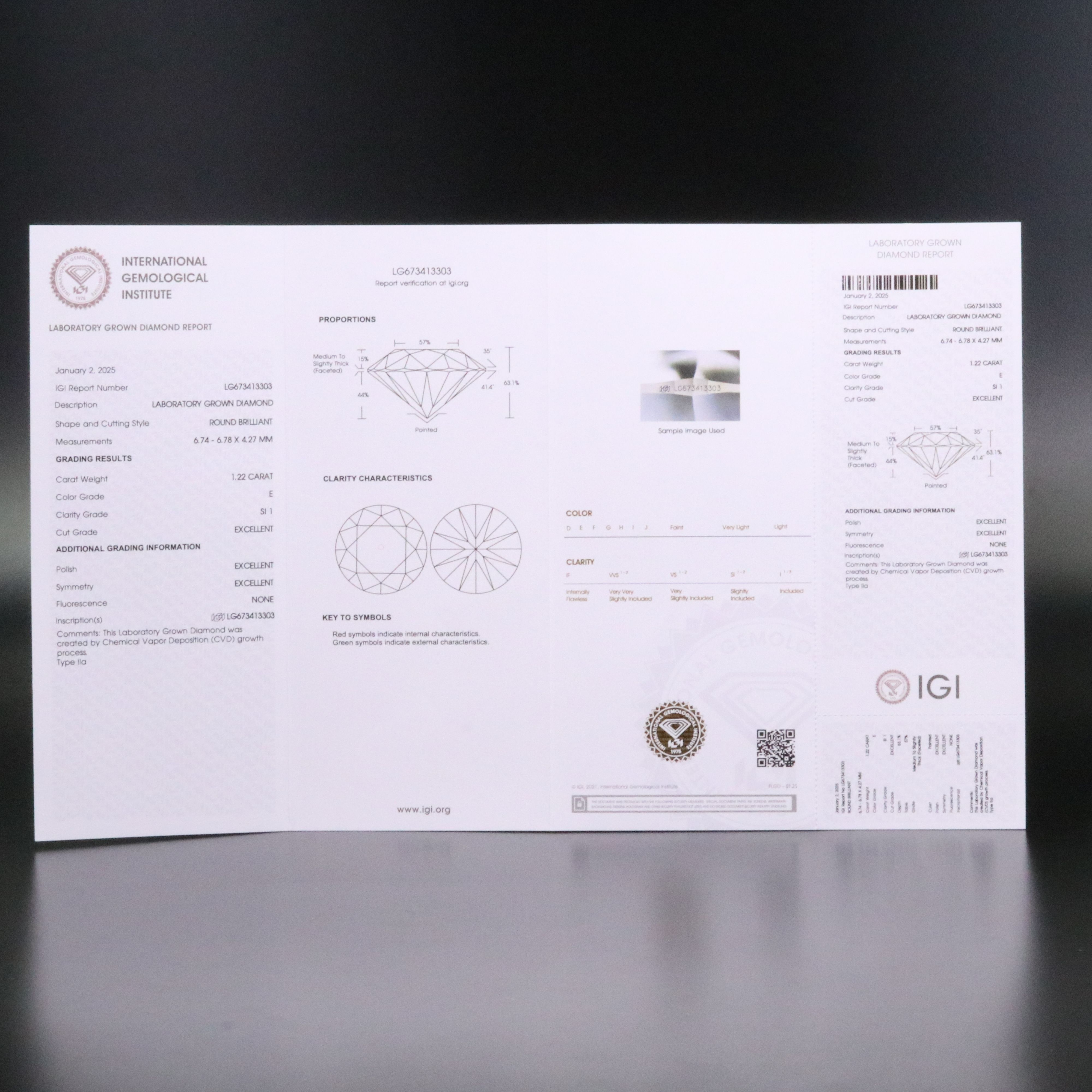Loose 1.22 CT Lab Grown Diamond with IGI Report
