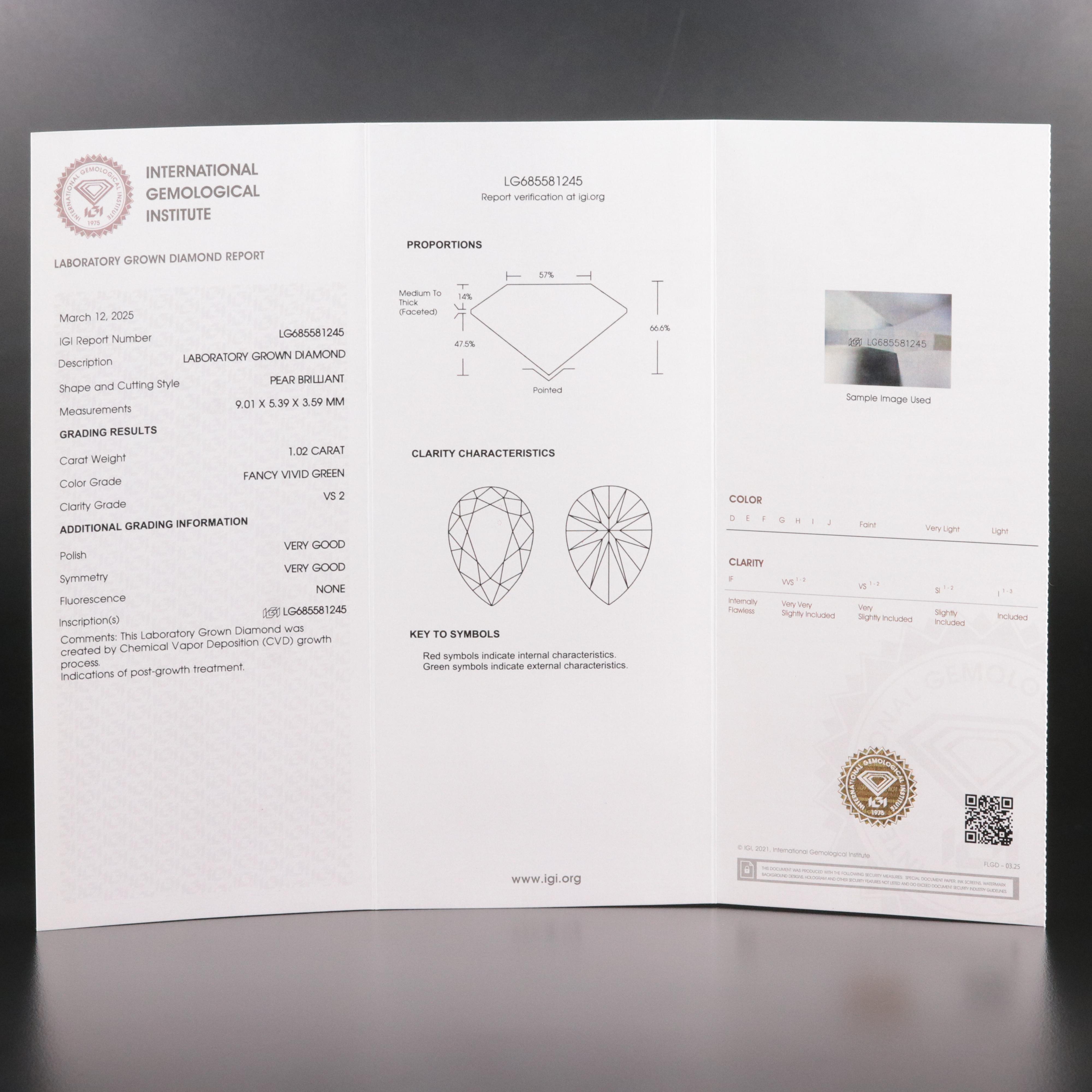 Loose 1.02 CT Lab Grown Fancy Green Diamond with IGI Report