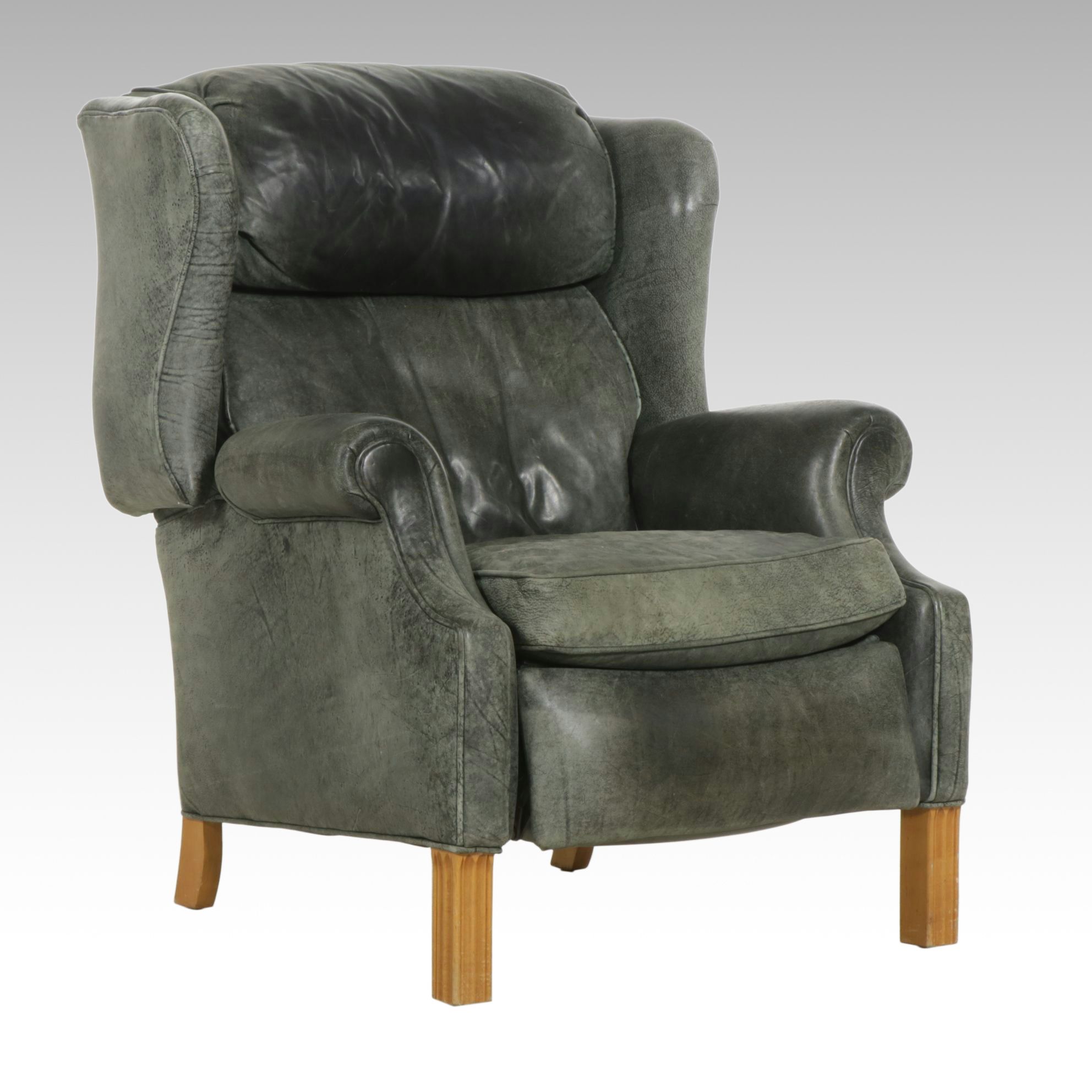 Ethan Allen Chippendale Distressed Green Leather Reclining Wing Chair
