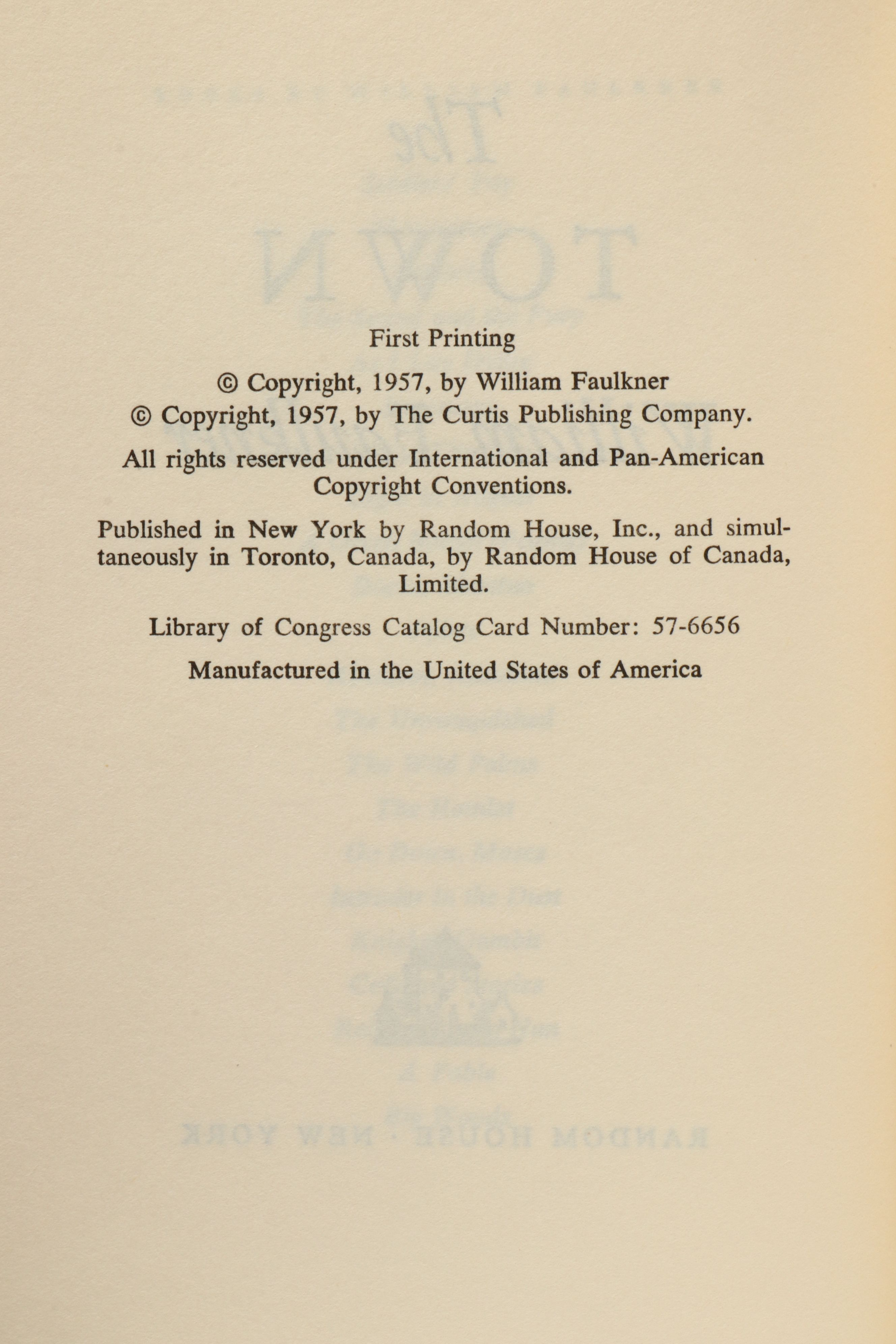 First Edition, Second State "The Town" by William Faulkner, 1957