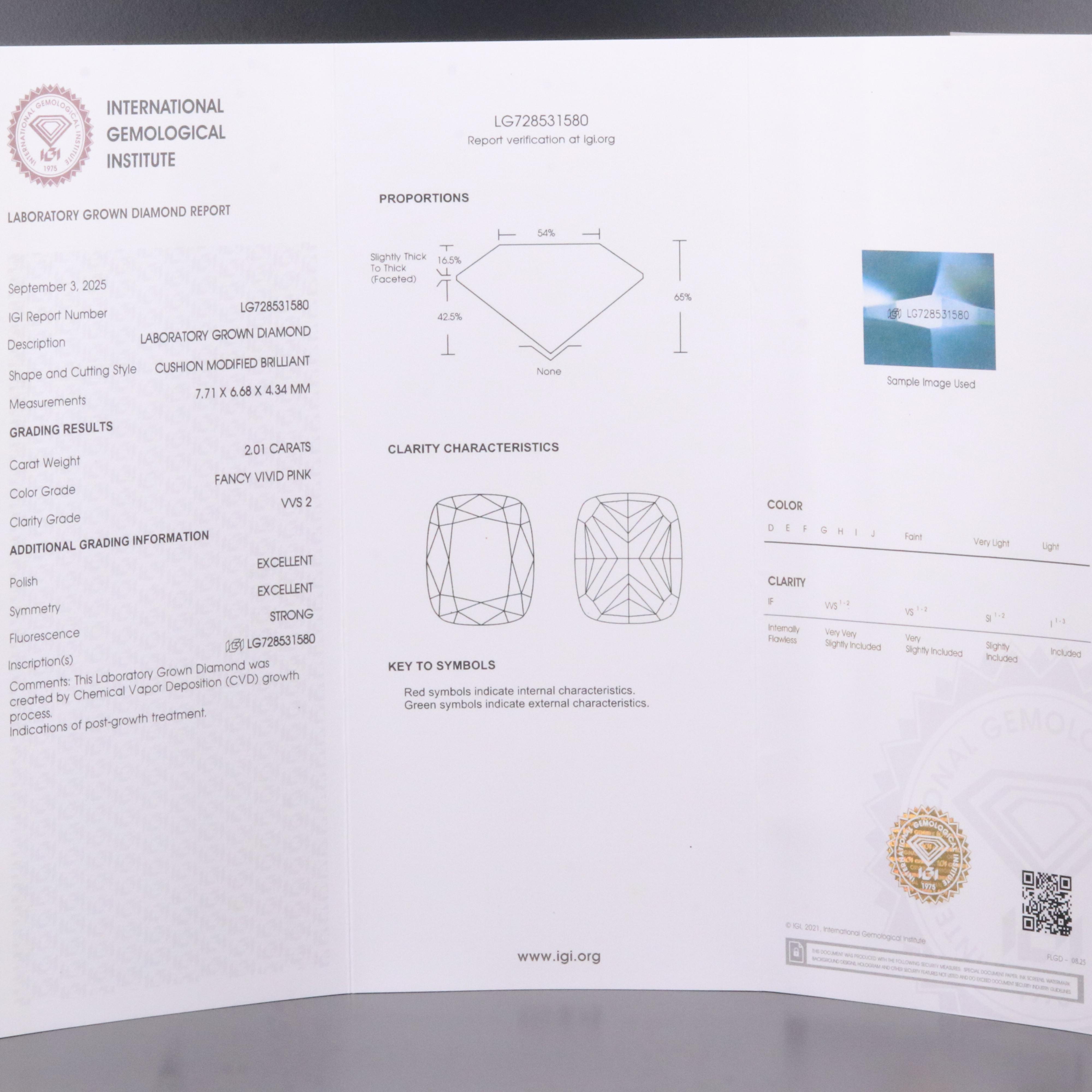 Loose 2.01 CT Lab Grown Fancy Pink Diamond with IGI Report