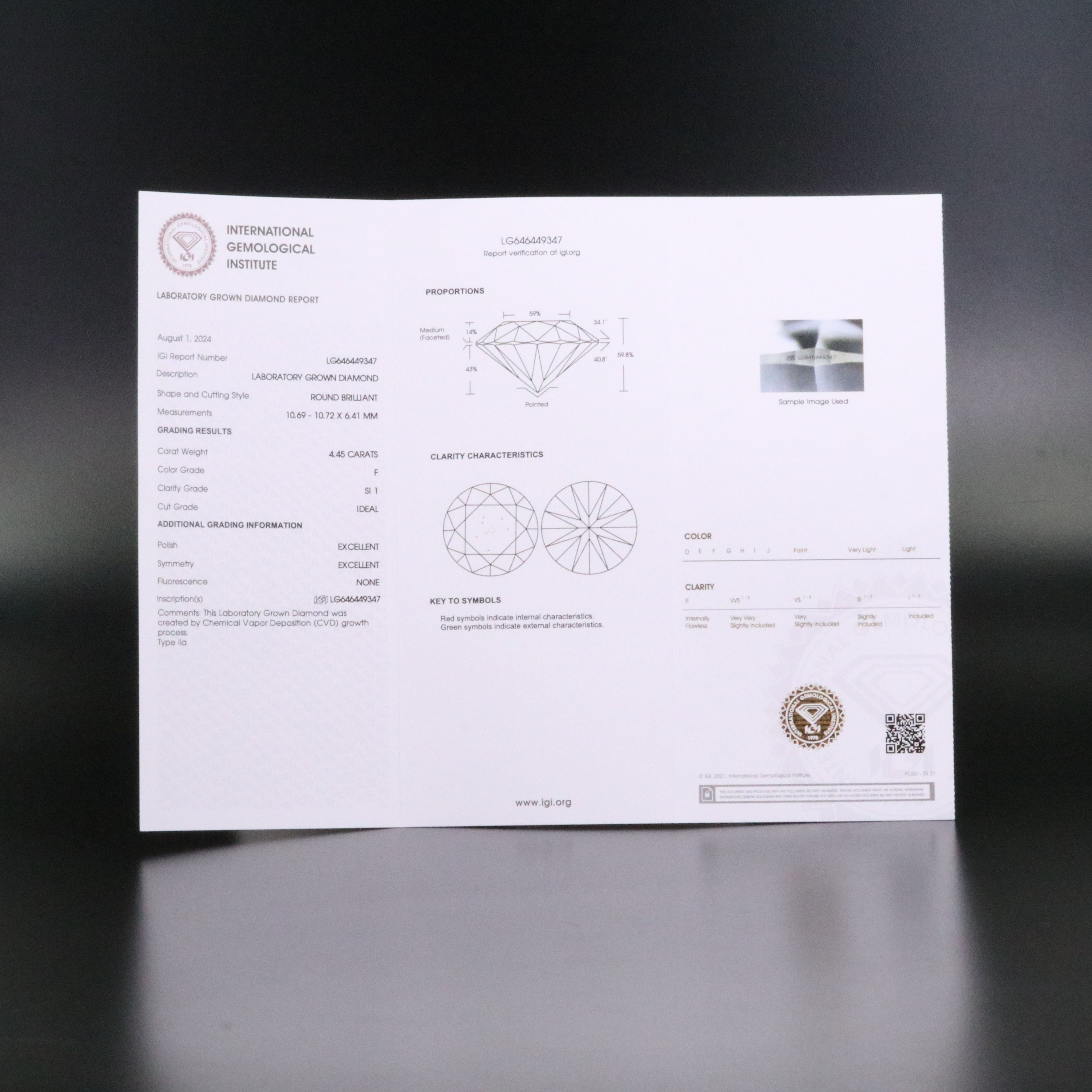 Loose 4.45 CT Lab Grown Diamond with IGI Report