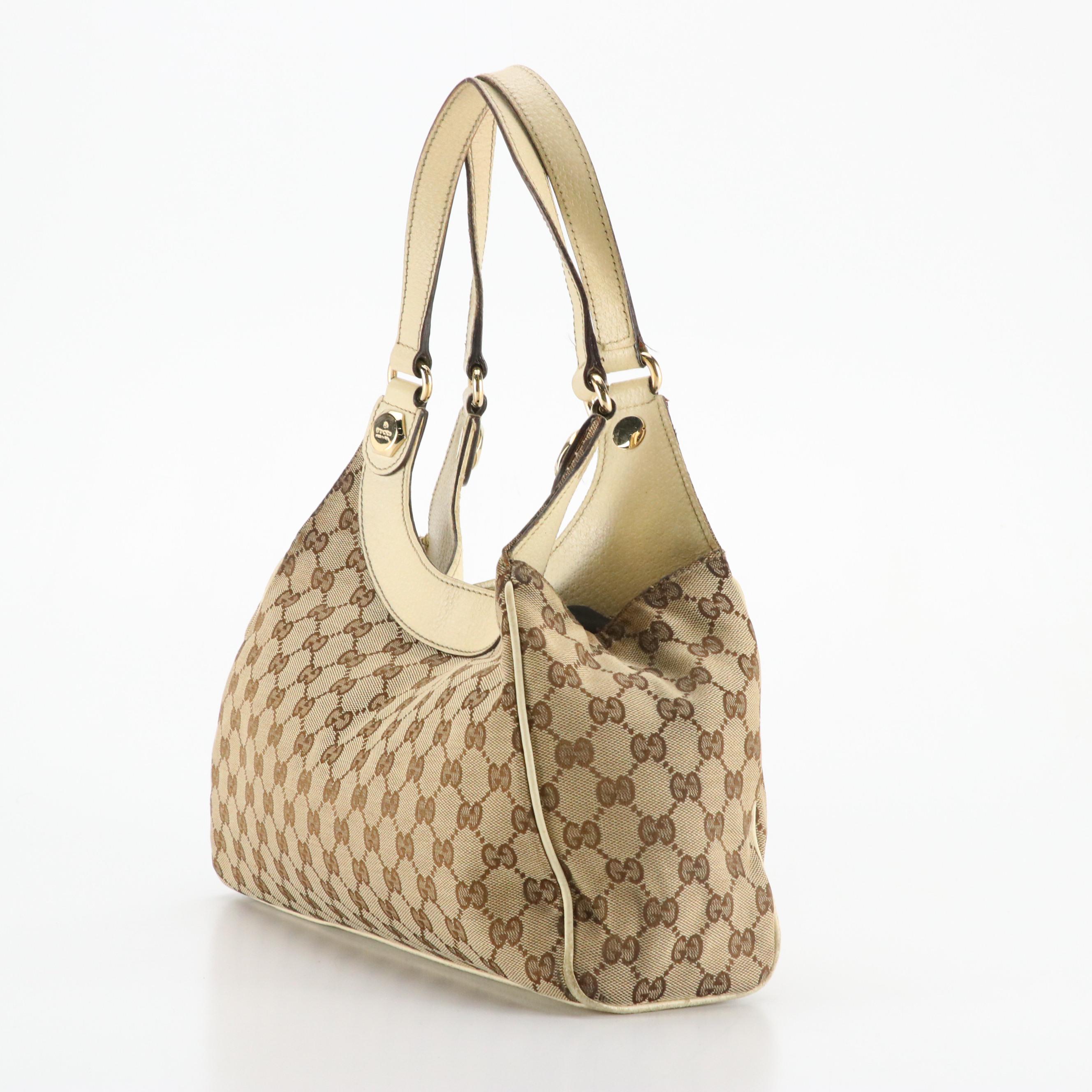 Gucci Charmy Shoulder Bag in GG Canvas and Ivory Cinghiale Leather Trim