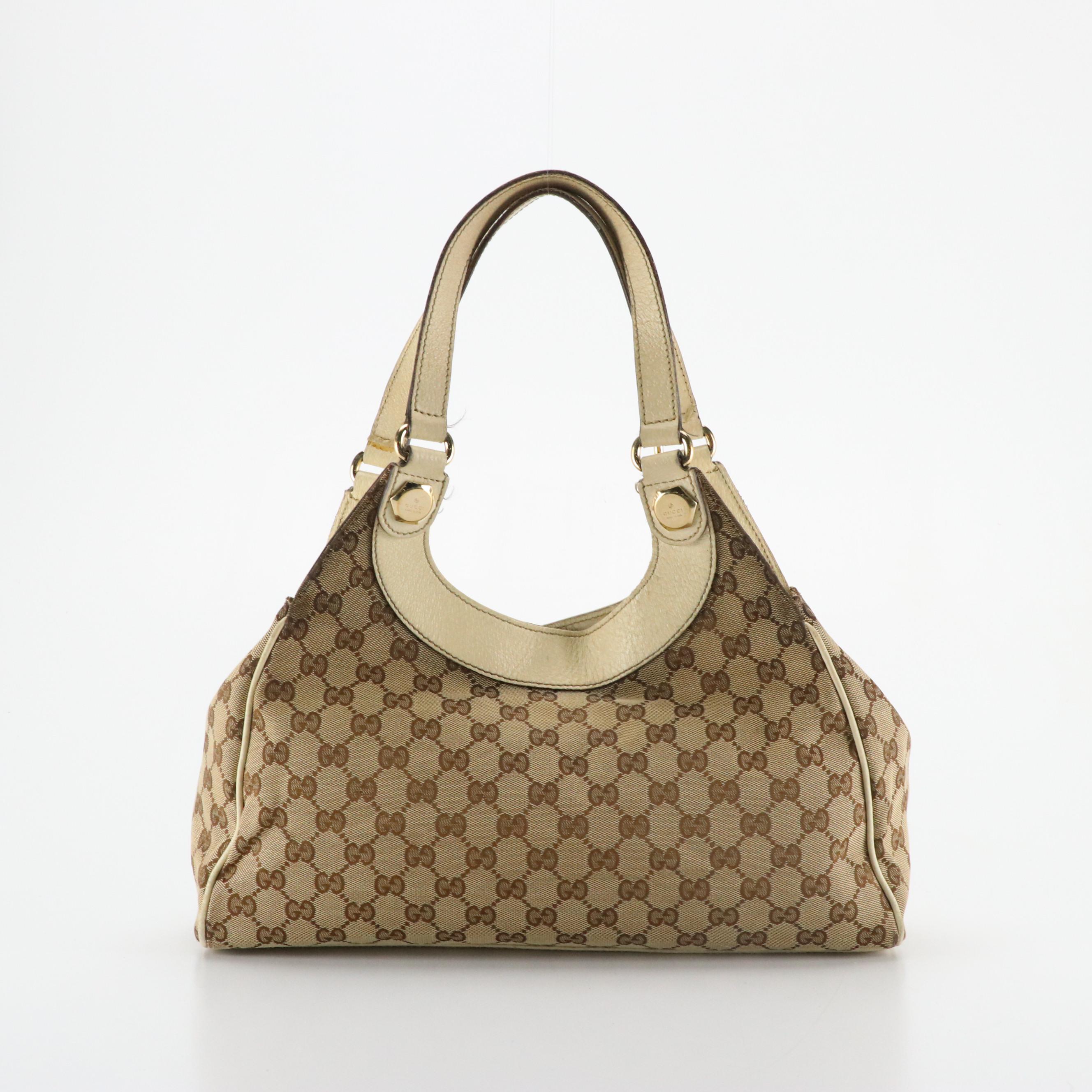 Gucci Charmy Shoulder Bag in GG Canvas and Ivory Cinghiale Leather Trim
