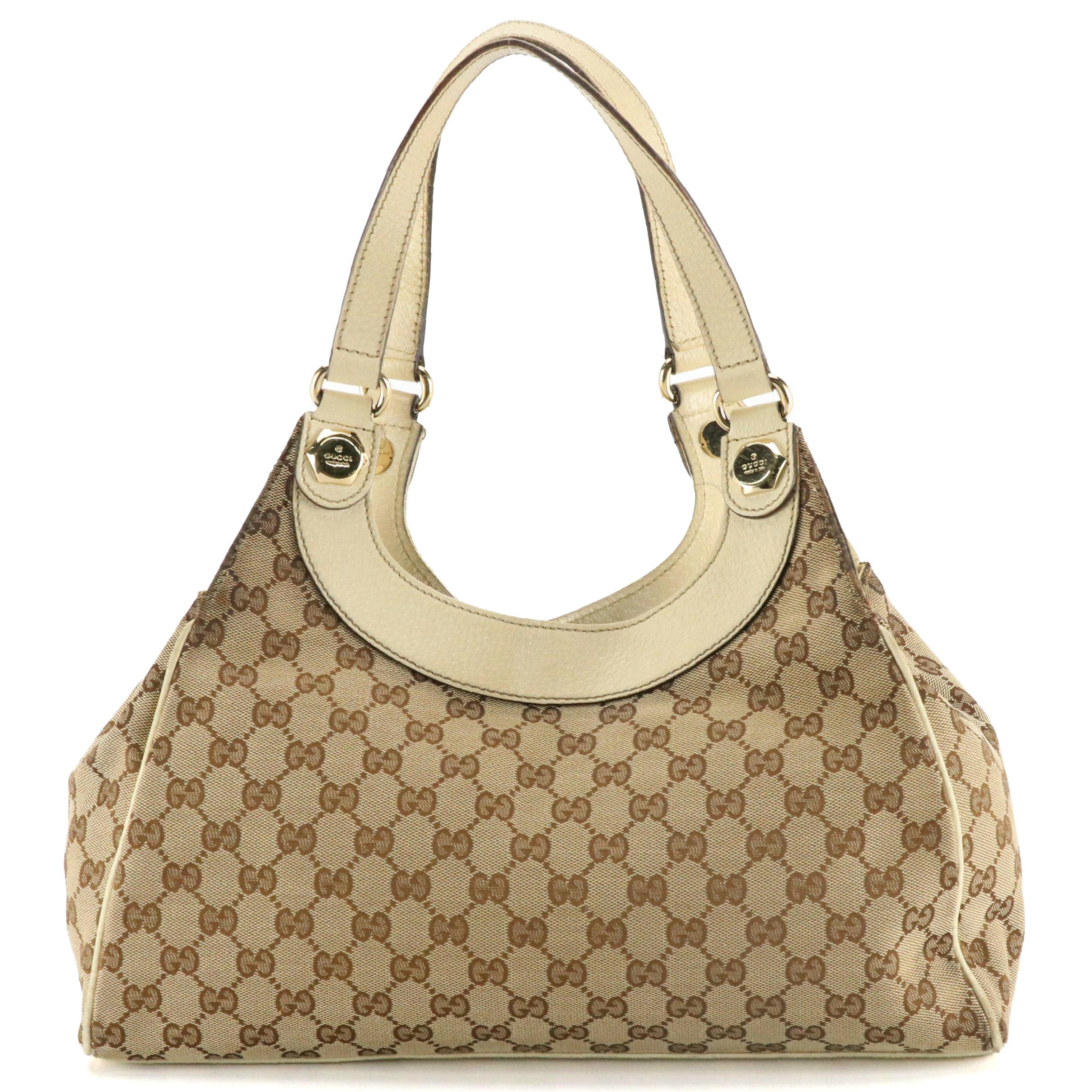 Gucci Charmy Shoulder Bag in GG Canvas and Ivory Cinghiale Leather Trim